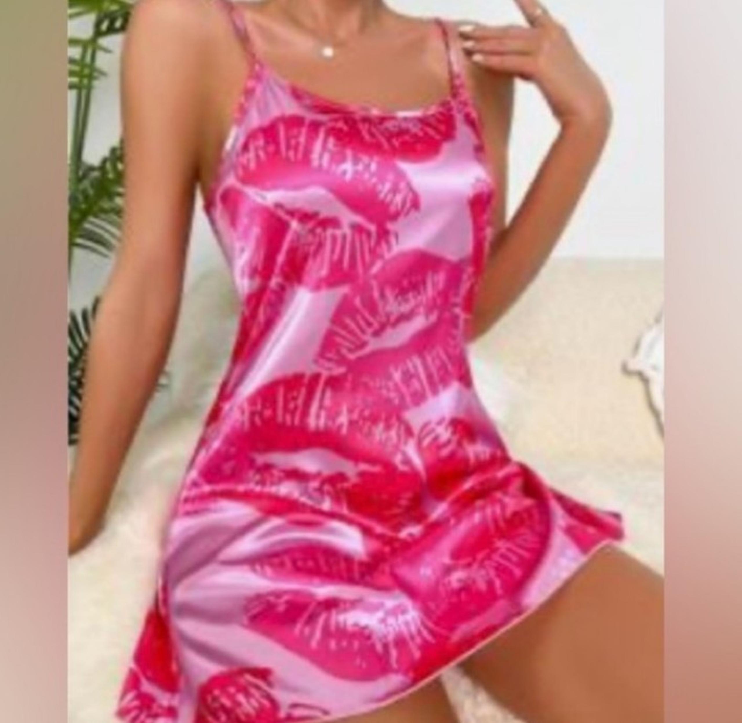 Pink Kiss Lip Prints Lingerie Satin Mini Slip Dress Nightgown PJ's Lounge Wear