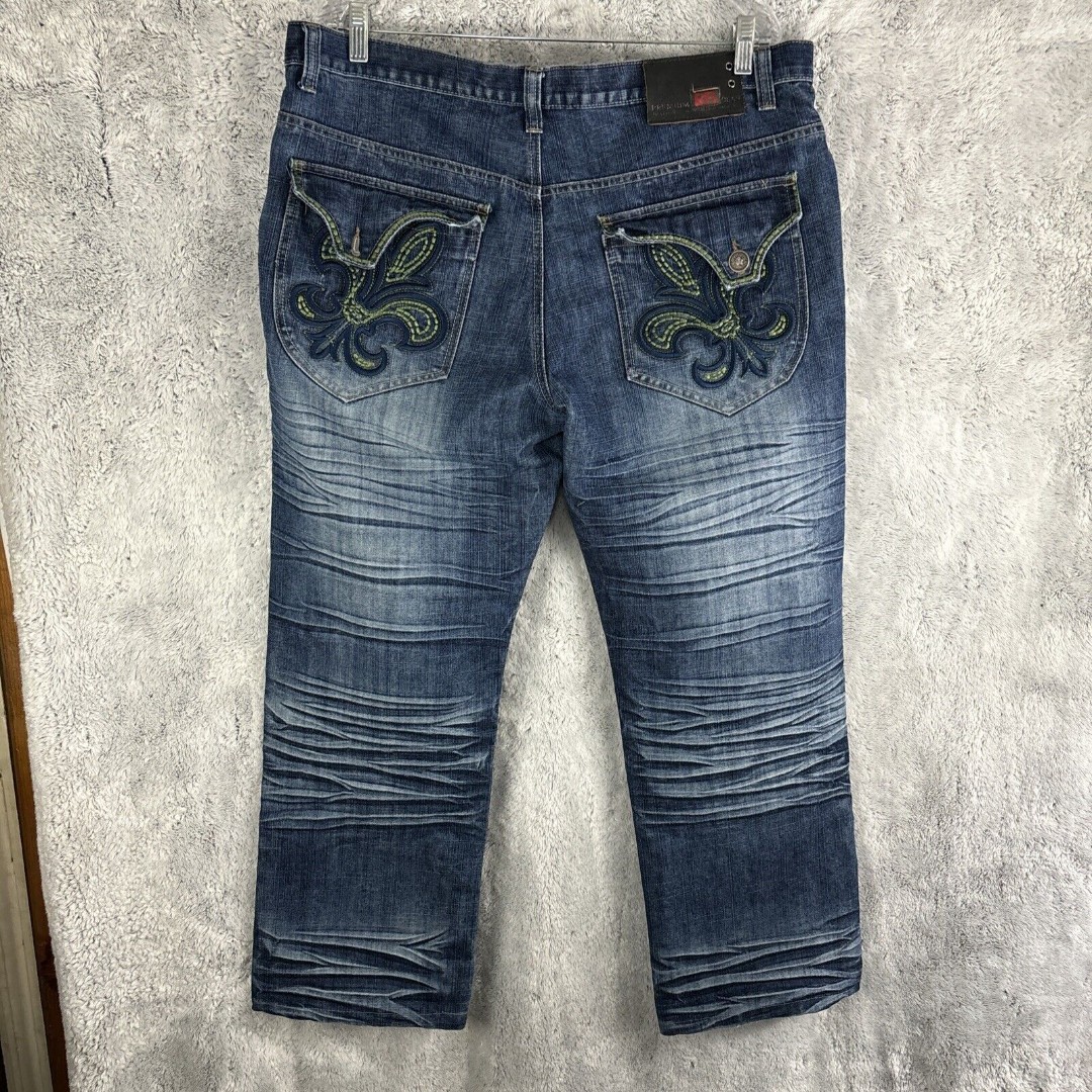 Vintage Raw Blue Jeans Mens 38x30 Denim Fleur De Lis Gothic Hip Hop Wide Y2k