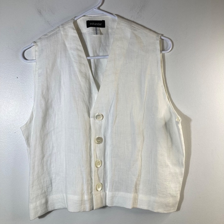 Womens Eskandar Bergdorf Goodman Ribbed Look Linen Button Vest Cream 10 - 12