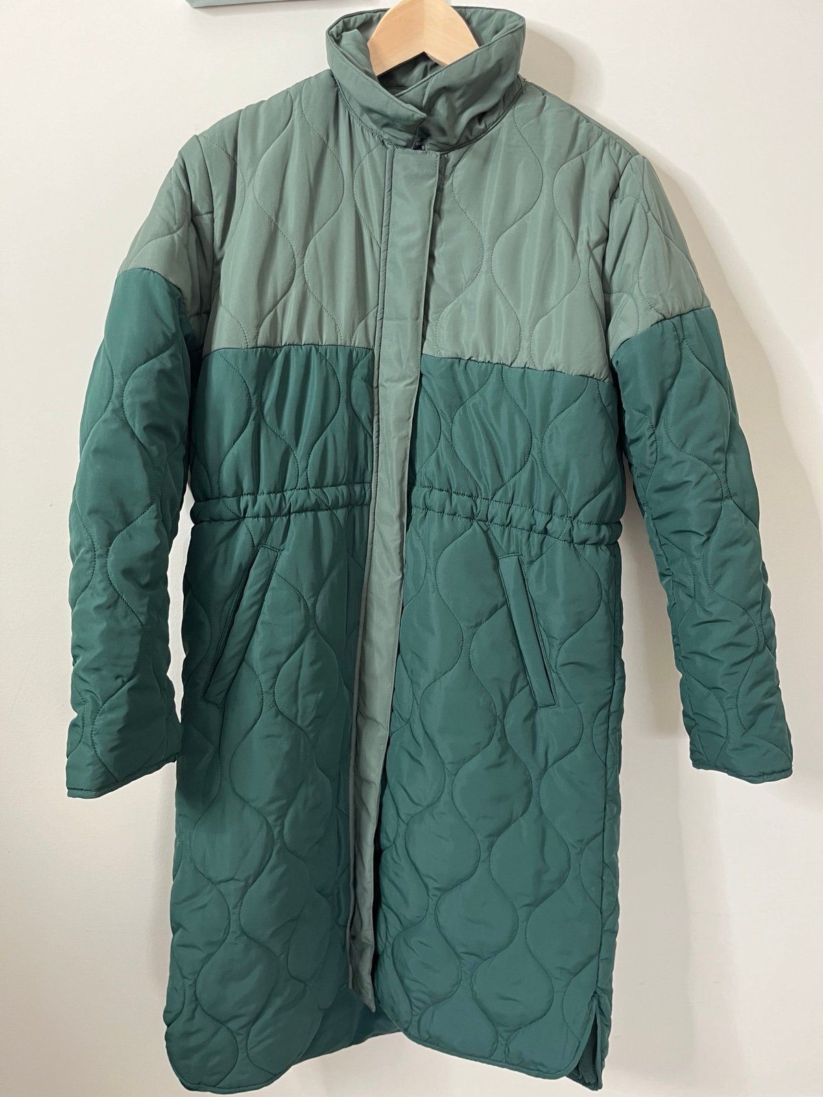 Summersalt Long ColorBlock Quilted Eco Coat Color Olive Eden Green Size M *flaws