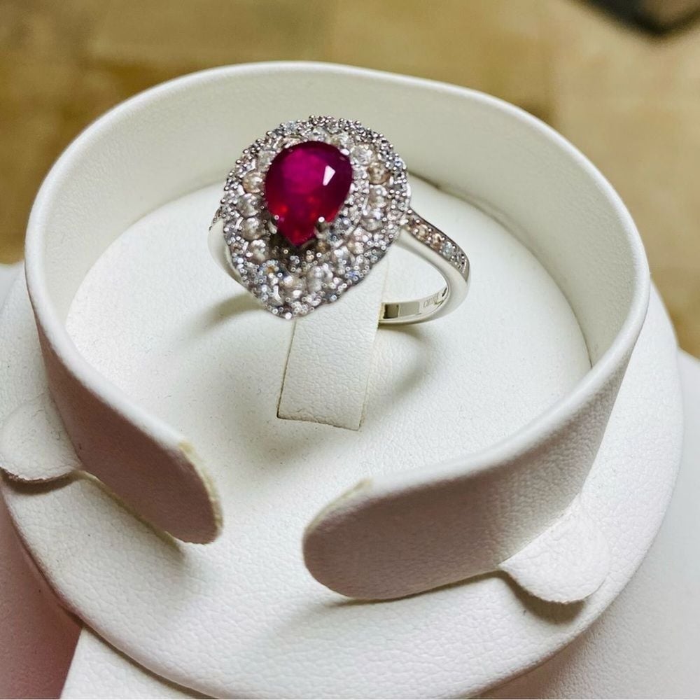 Elegant Ruby Red Teardrop Ring with Double Diamond Halo SS Statement Ring Sz 11