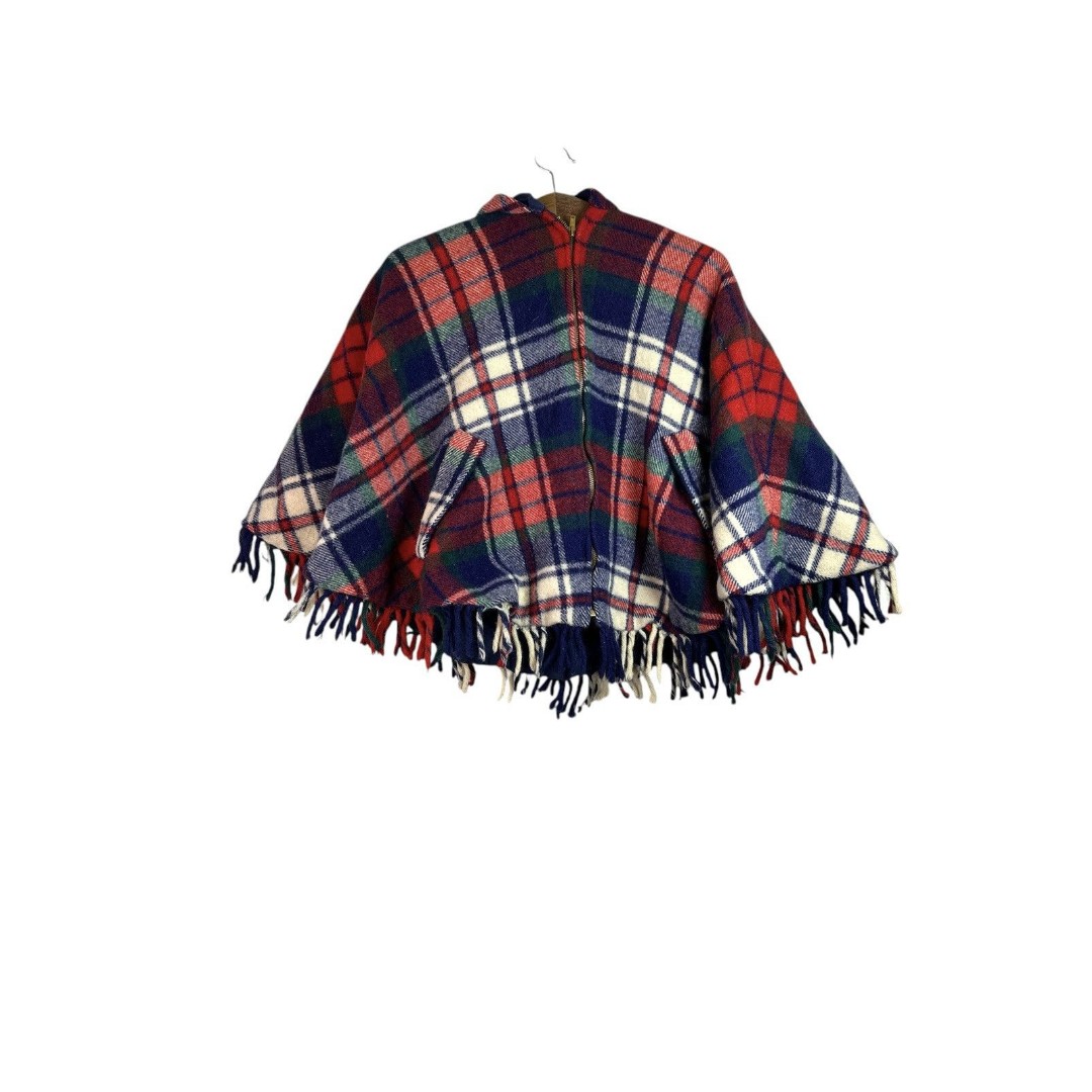VINTAGE 50s 60s Wool Plaid Shaw Zip Blanket Poncho Hooded Lined