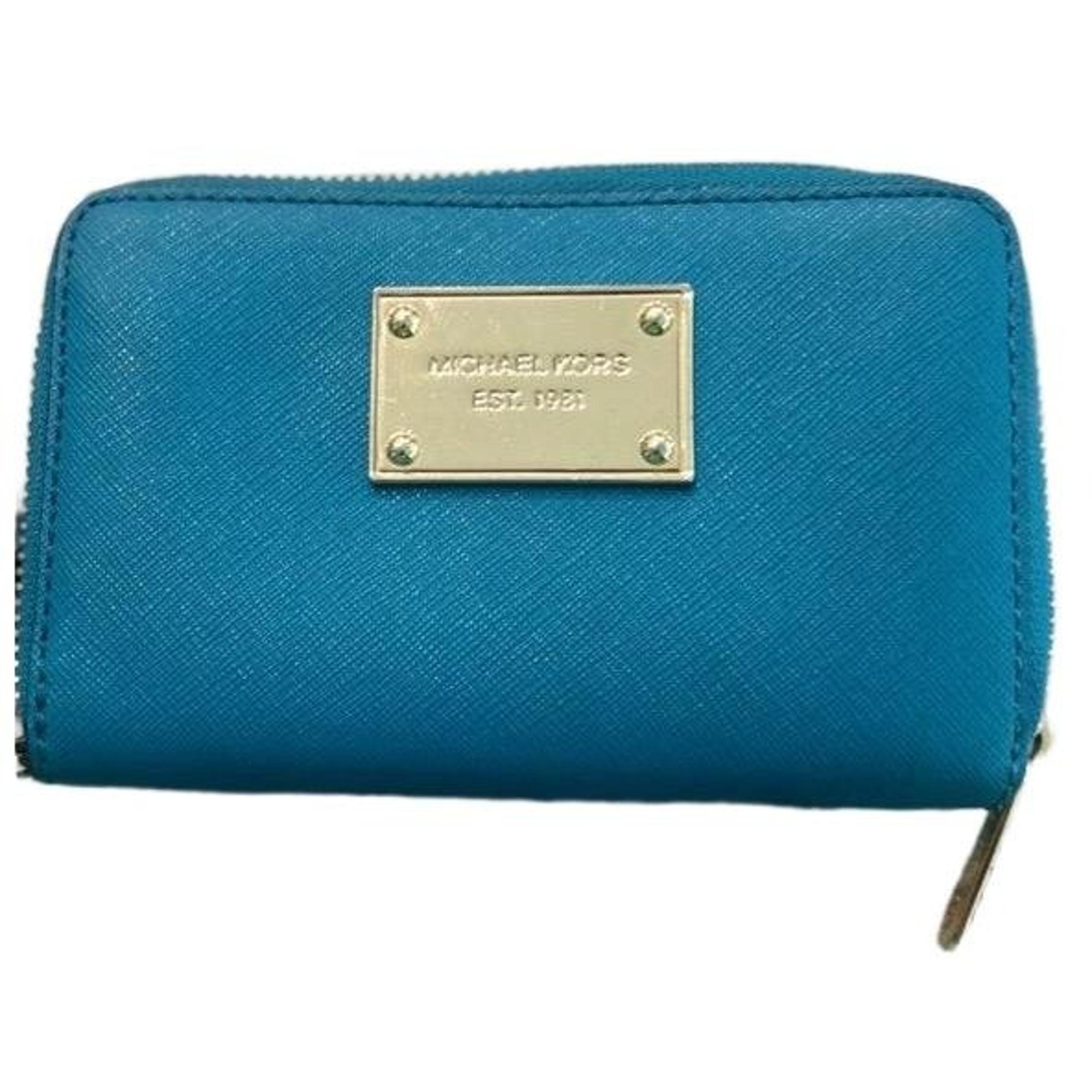 Jet Set Travel Teal Gold Tone Logo Zip Around Wallet - Michael Kors