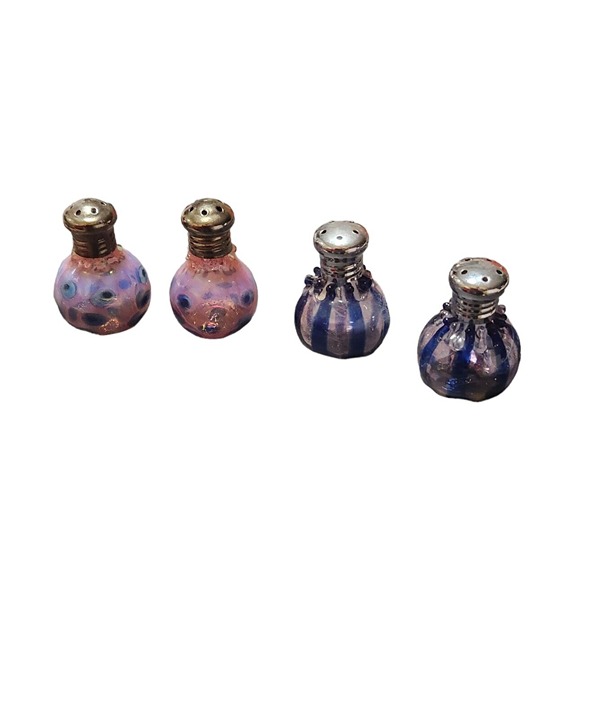 Hand Blown Glass Confetti Blue Dot on Pink Salt & Pepper Shakers 2 Sets