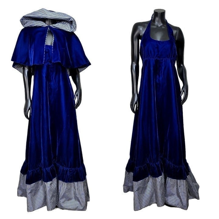 Vintage 70s 80s Union Made Blue Velveteen Maxi Dress Hooded Mantle Set Gingham