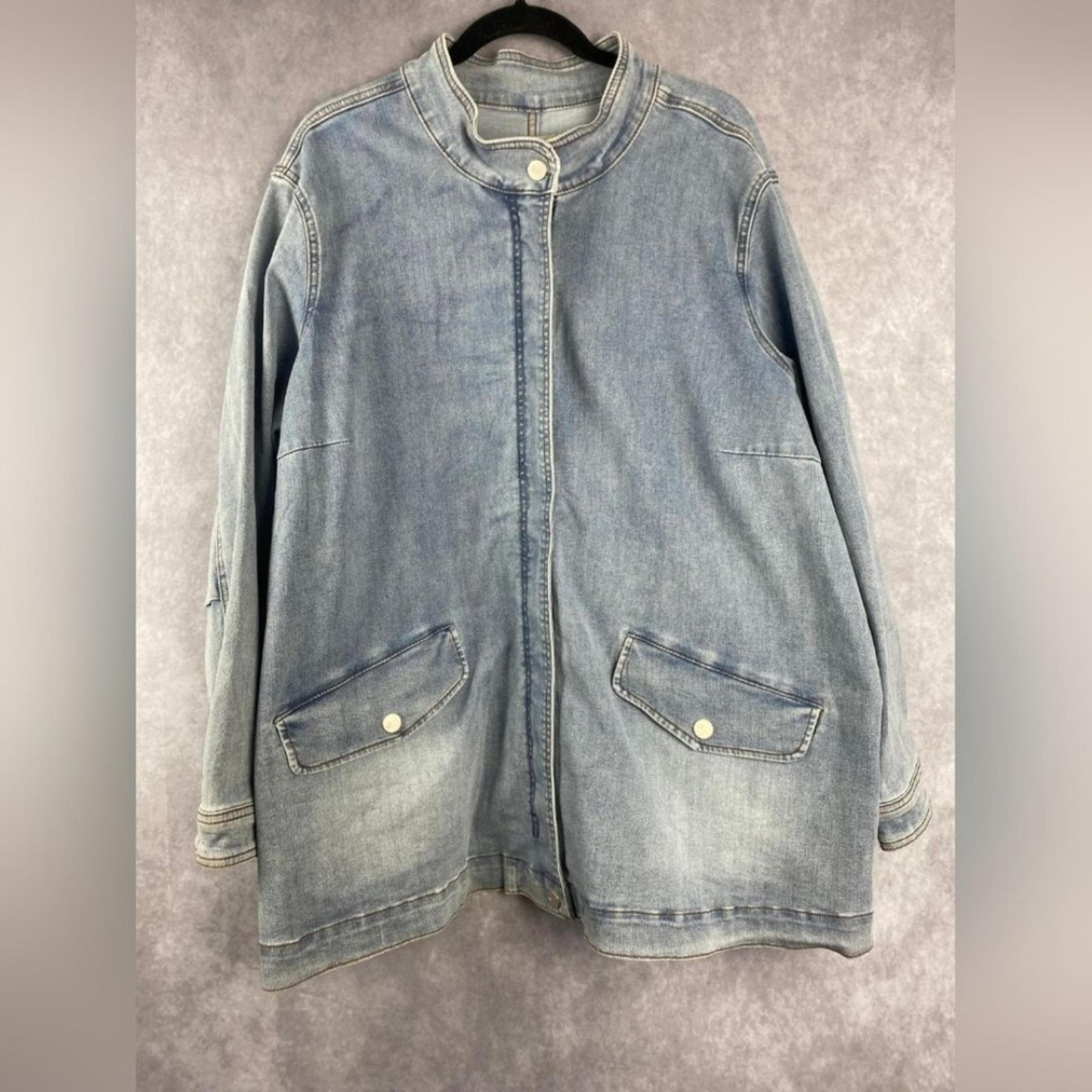 LOGO women's size 26W light wash blue jean denim mock neck zip up jacket QVC