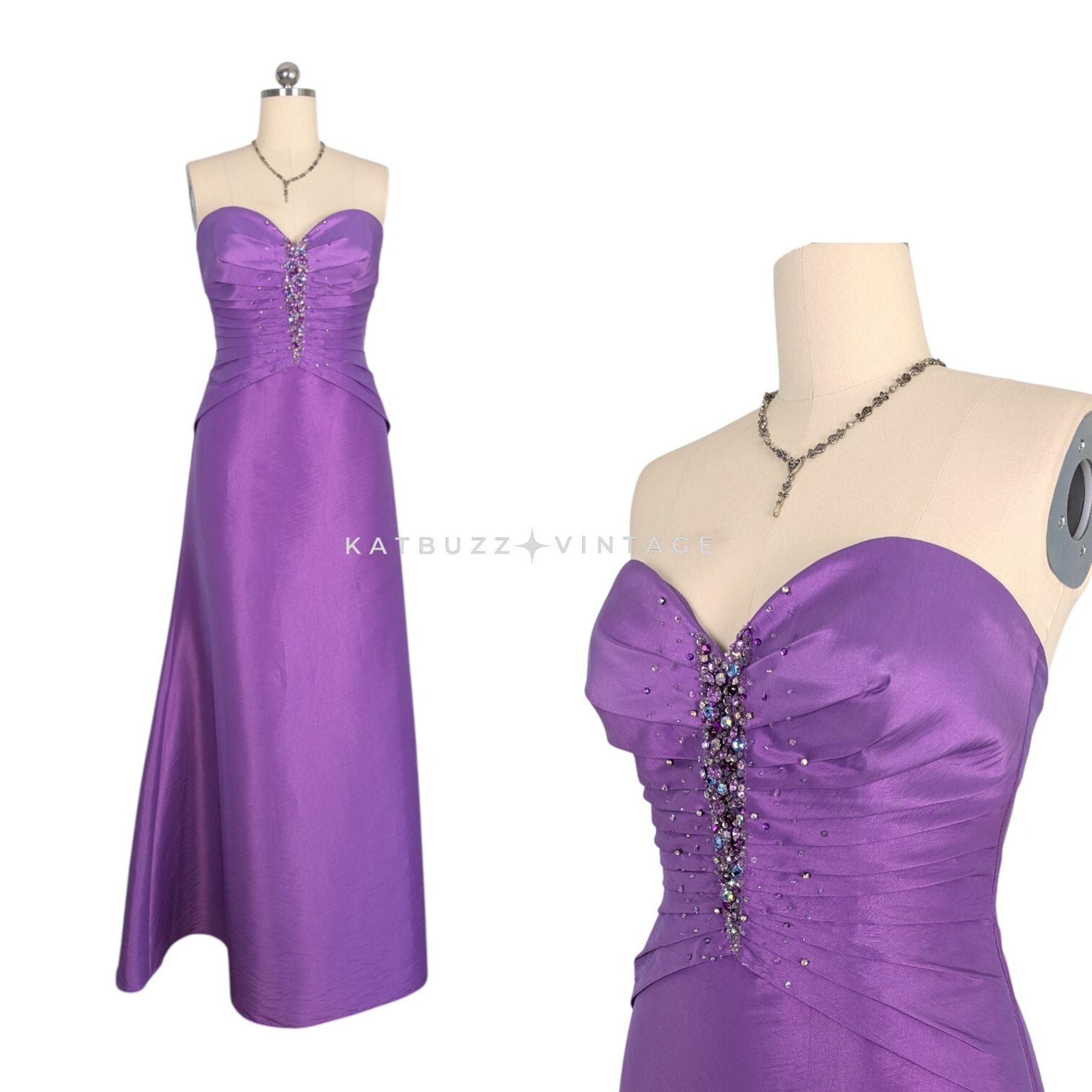 Vintage La Femme Prom Dress Maxi Gown 8 Purple Y2K Glam Rhinestone Strapless