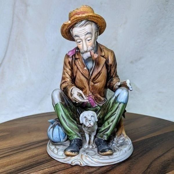 Old Man with Dog Hobo Porcellane D'Arte Figurine Large Decor