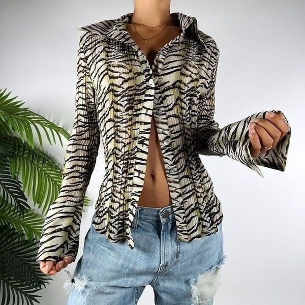 Vintage Y2K Animal Print Fairy Grunge 70s Style Long Sleeve Flare Top / S/M