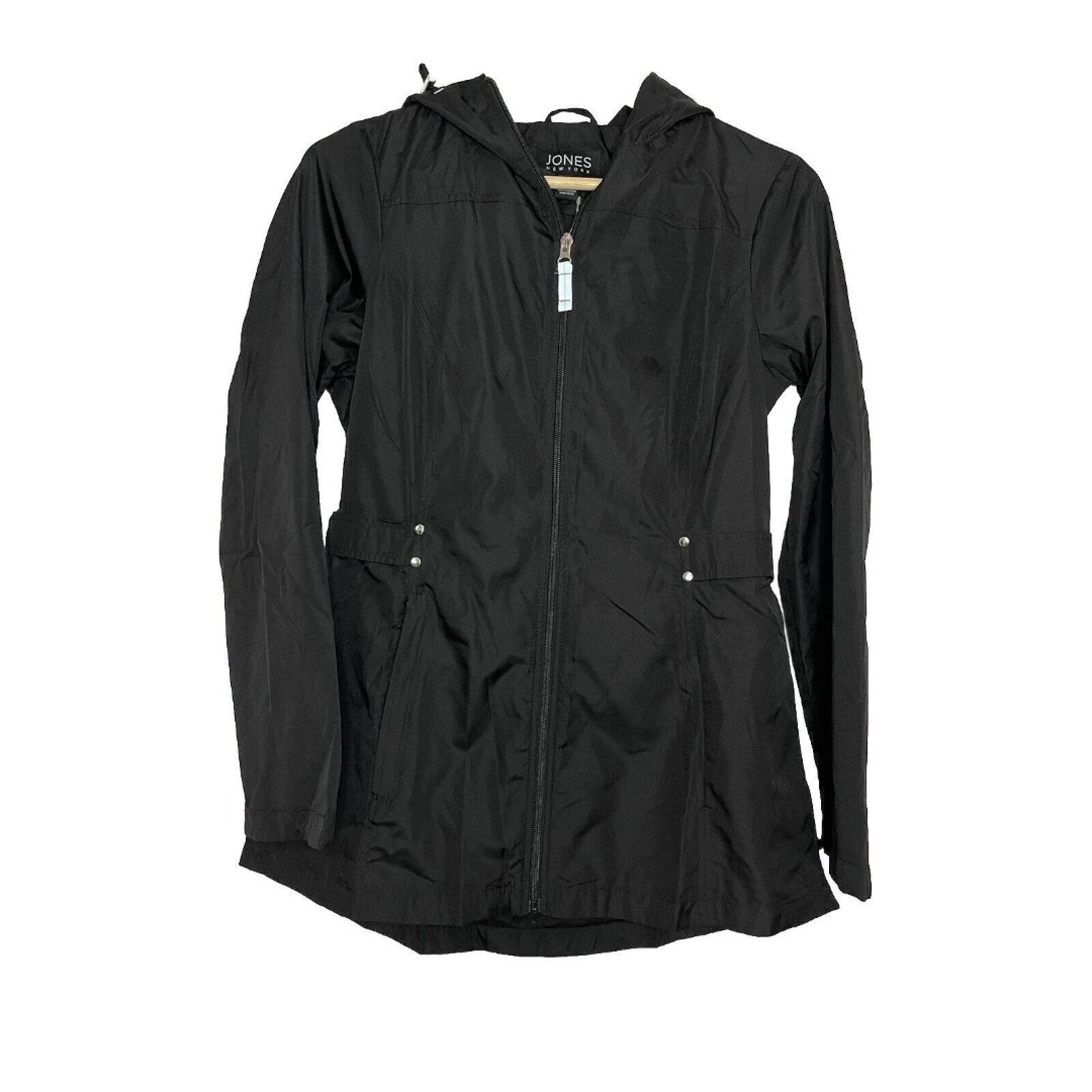 Jones New York Black Hooded Windbreaker Womens XS Pockets Lightweight Zip Up NWT