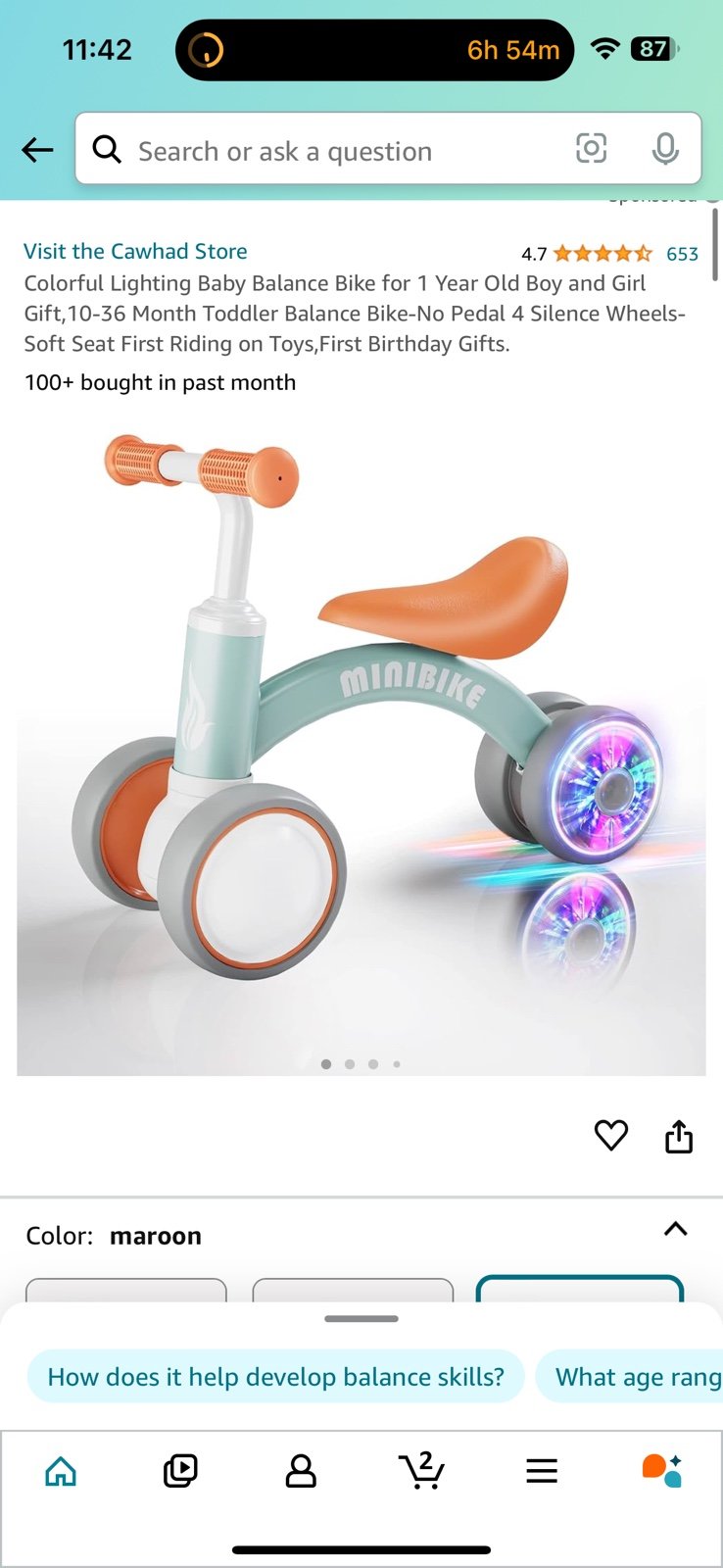 Colorful Lighting Baby Balance Bike for 1 Year Old Boy and Girl Gift, 10-36 Mont