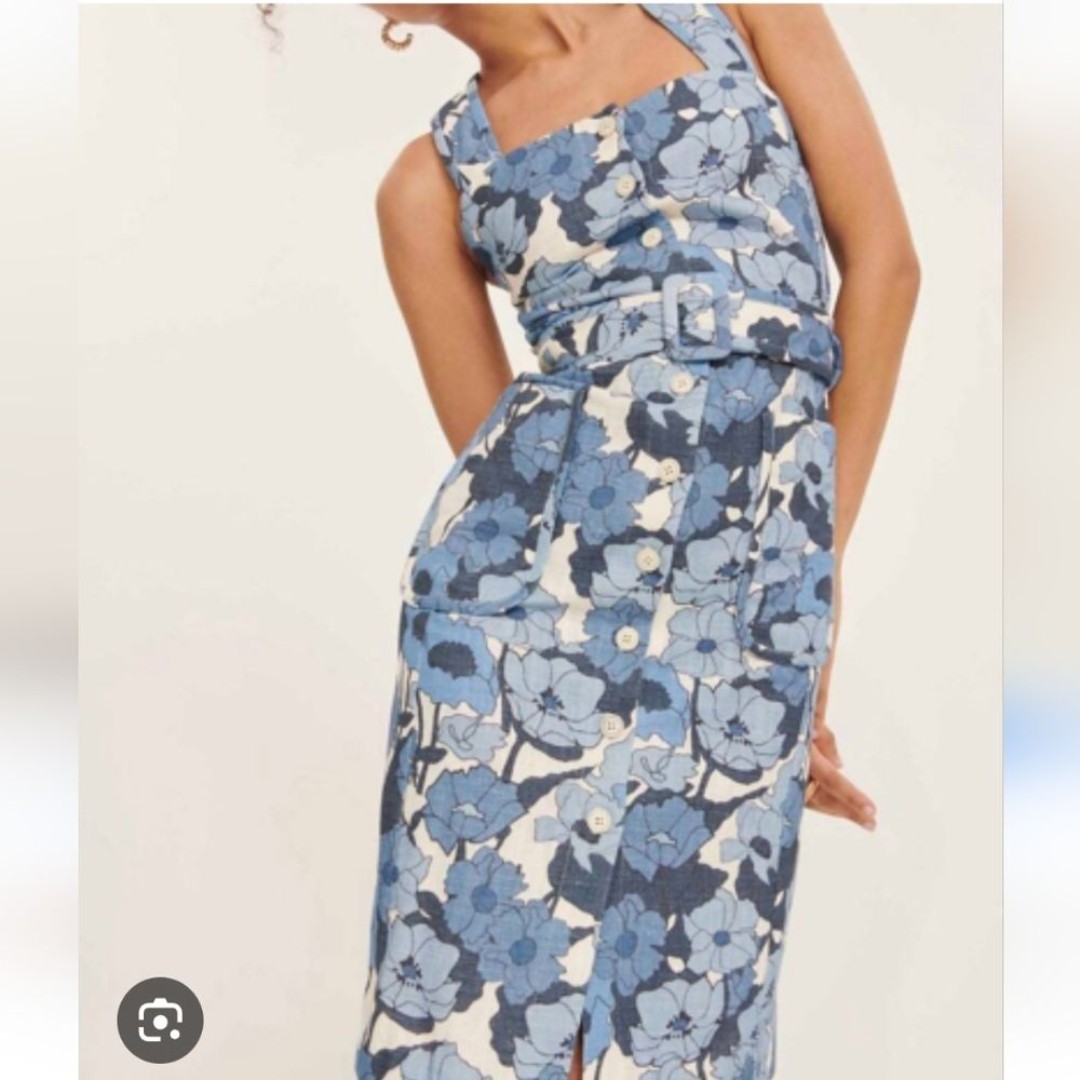 Tara Jarmon Paris Floral Blue Women's Dress Button Down Belted L riwanon