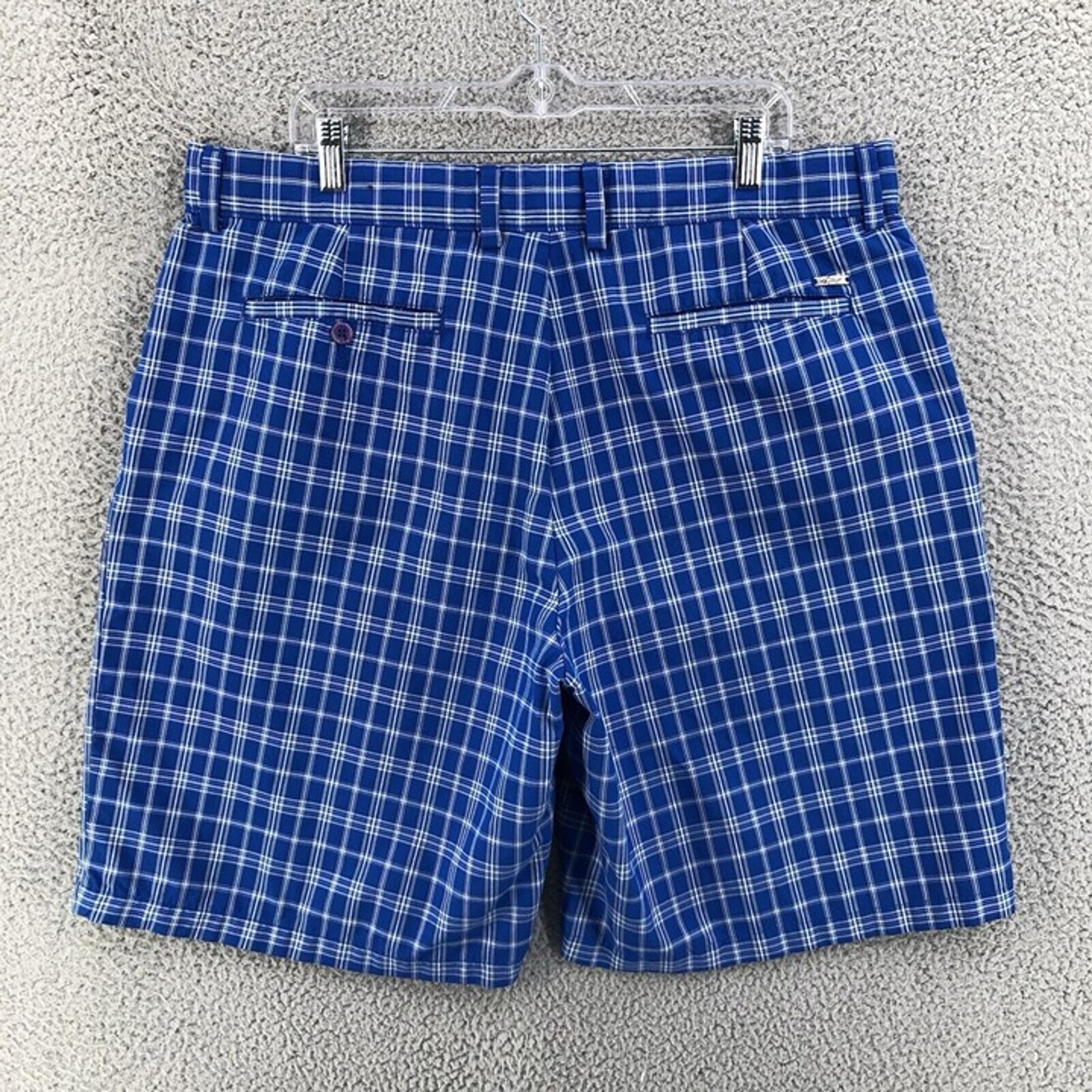 Greg Norman Golf Shorts Casual Chino Men's Size 38 Flat Front Plaid Blue 9477