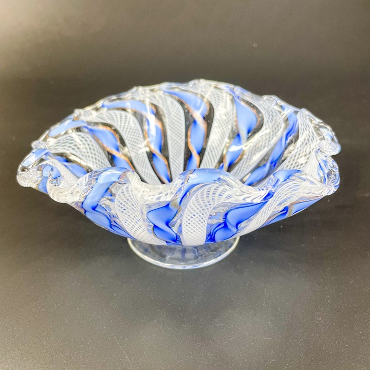 Murano Zanfirico Filigree Blue White Ruffled Bowl