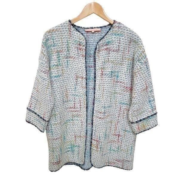 Anthro Vilagallo Knit Tweed Jacket Long Cardigan Sweater Fringe size 42 / US 10