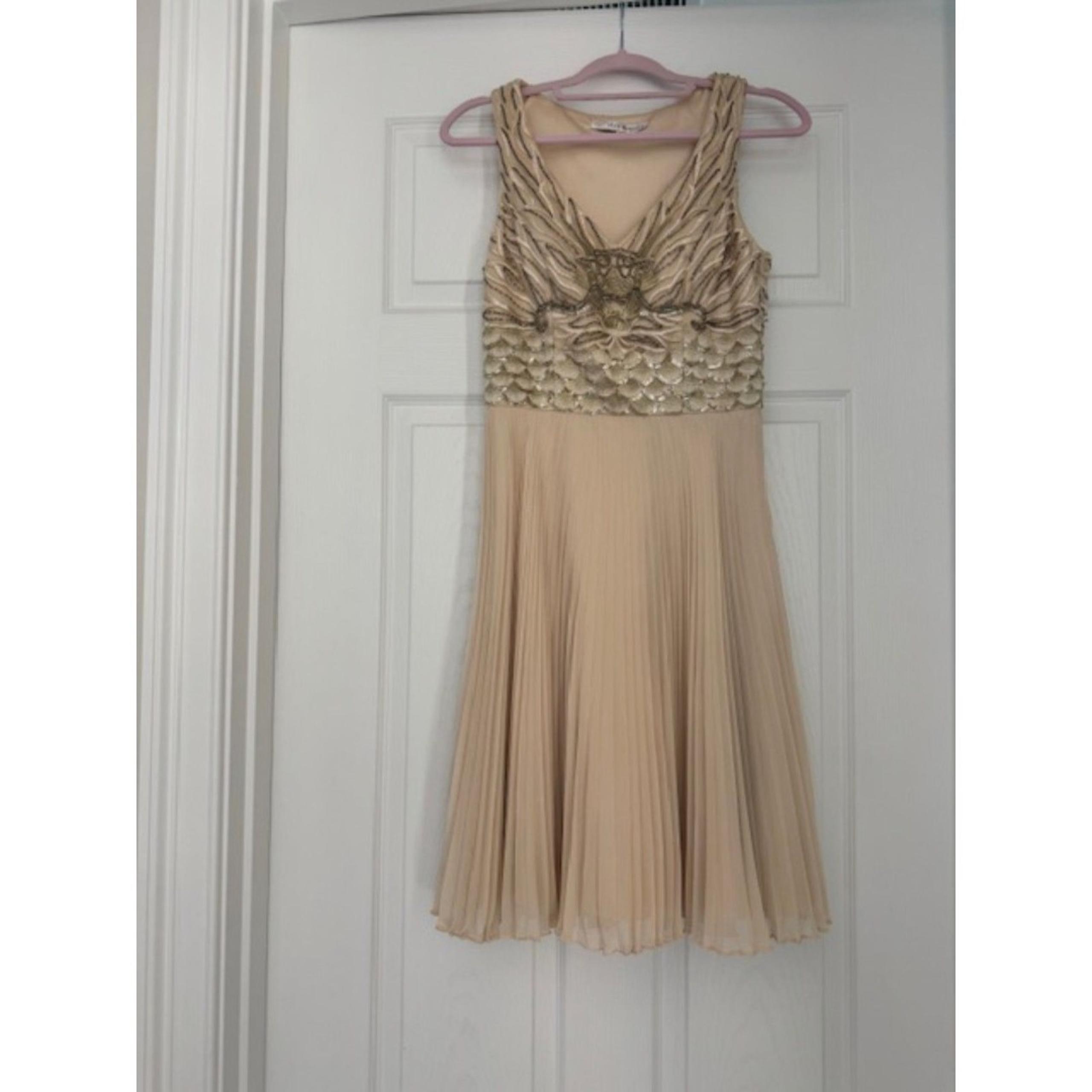 Sue Wong Nocturne Beige Embellished Beaded Pleated dress, size 8