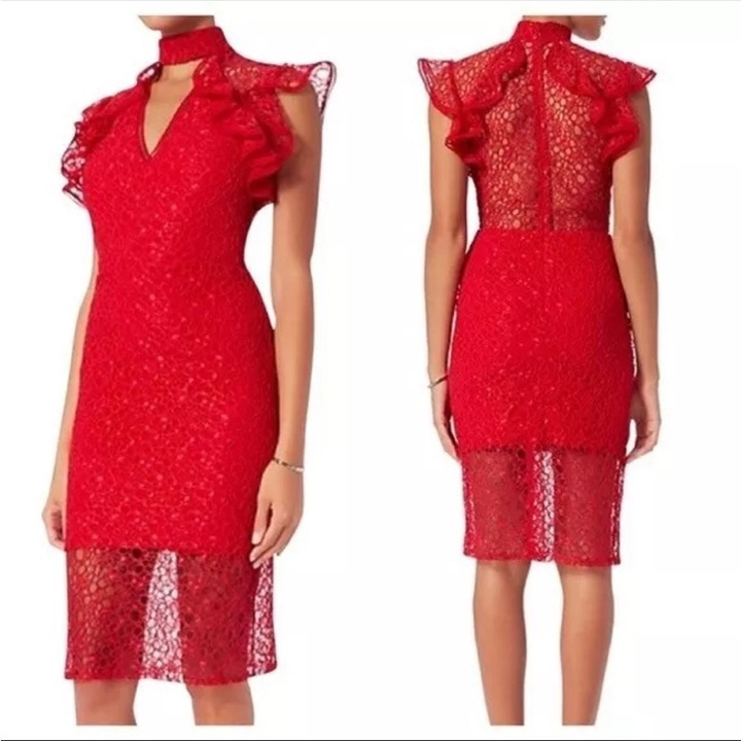 Alexis Halley Lace Red Dress Size Medium M Ruffled Sleeve V-Neckline w Collar