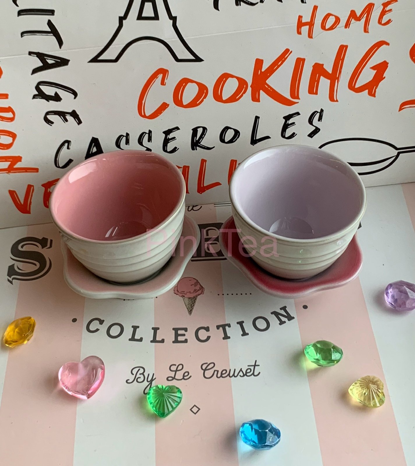 Le Creuset Ombre Powder Pink White Teacup Tea Cups w Flower Shaped Saucers Rare