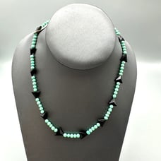 Vintage Czech Glass Bead Necklace Blue Black Triangle White Beaded 16 Collar