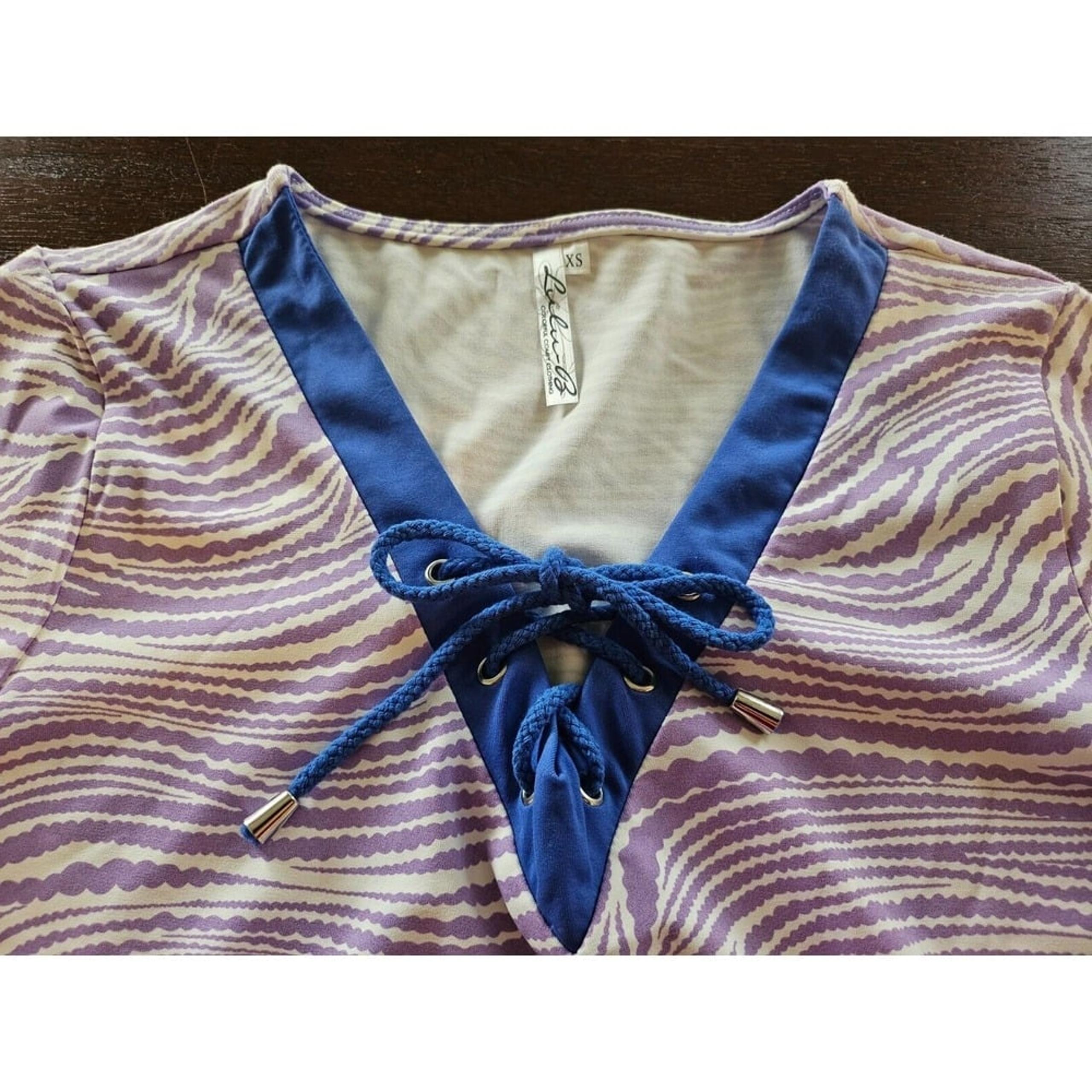 Lulu B Dress Size XS Blue Purple White Stripe V-Neck Short Sleeve Nylon Stretch