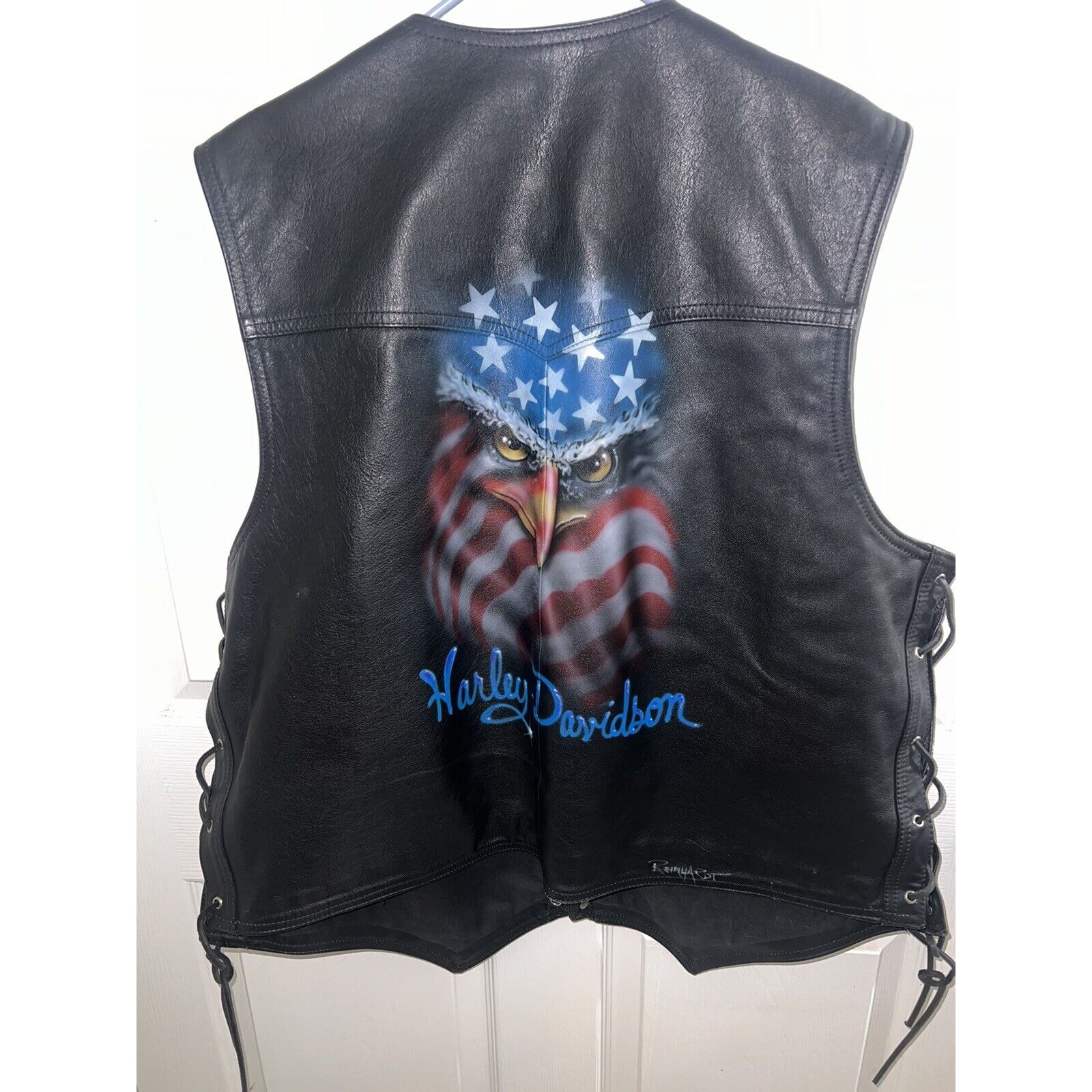 Vtg. Original Harley Davidson Leather Vest Original Art Spray painted And Signed