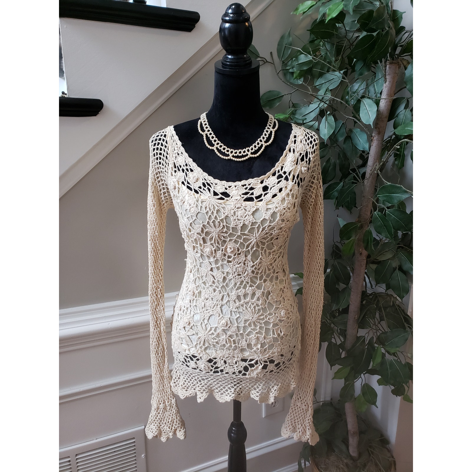 Shape FX Sweater Womens XL Ivory Crochet Lace Lined Ramie Long Sleeve Scoop Neck