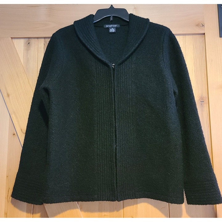 VINTAGE Paraphrase Sweater Women Sz M Wool V Neck Knit Black Collared Ribbed