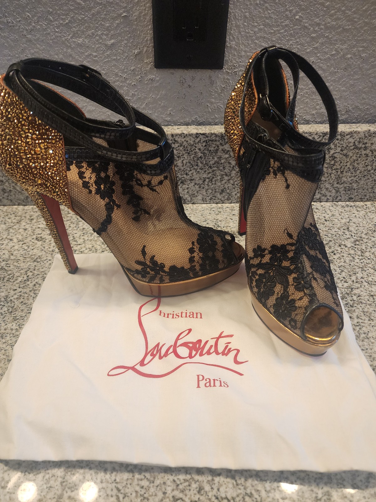 Christain Louboutin Black lace Gold Crystals Ankle Strap size 39