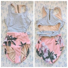 Albion Island Fever One Piece Swimsuit XL Pink Blue Floral Striped Monokini