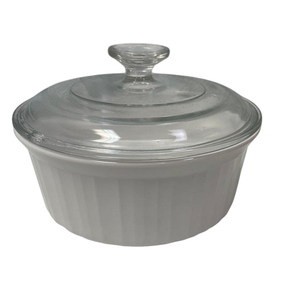 Corningware F-5-B 1.6 Liter Made In USA Round Ceramic DIsh Bowl w Glass Lid