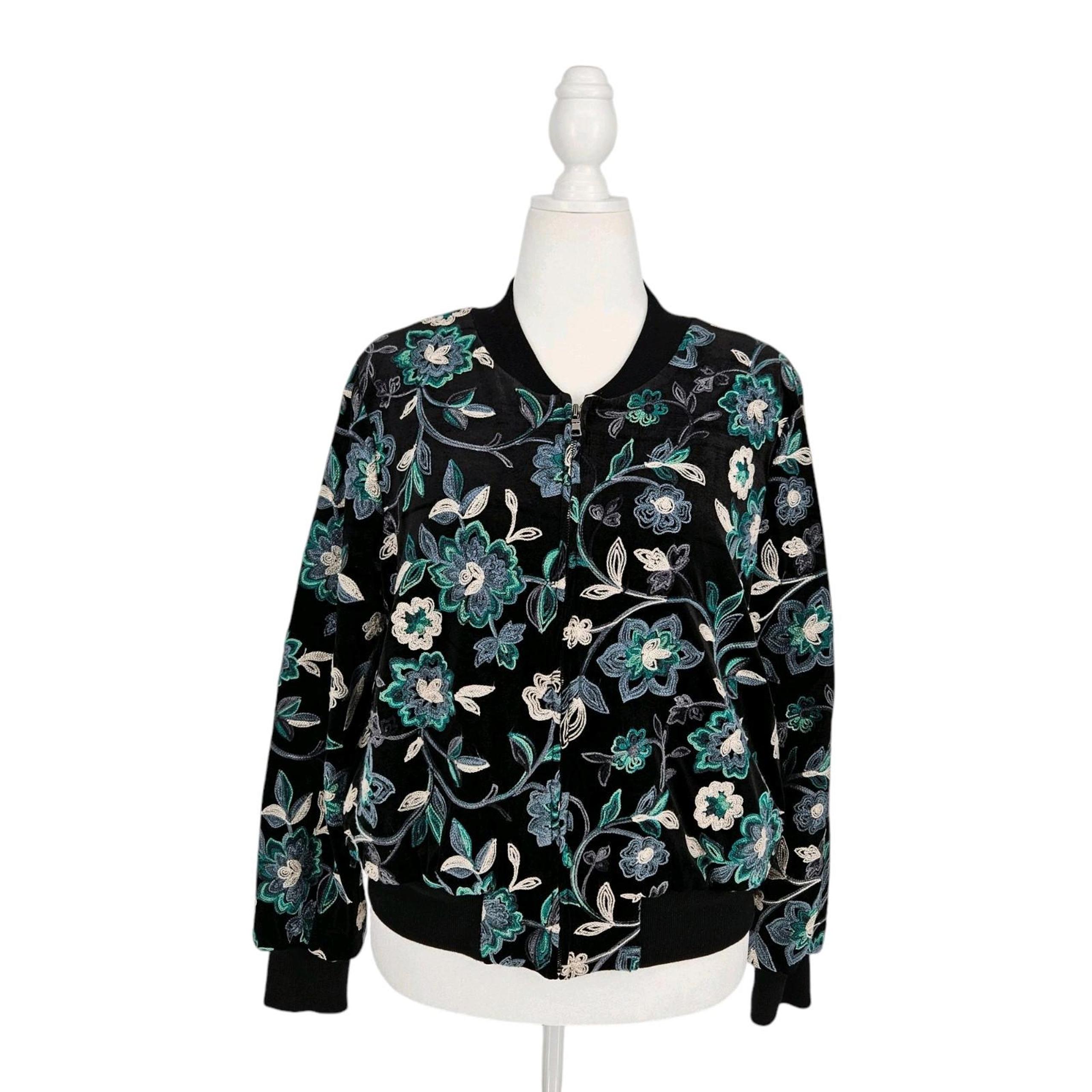 Karen Kane Black Velvet Embroidered Flowers Varsity Jacket Womens Size Large