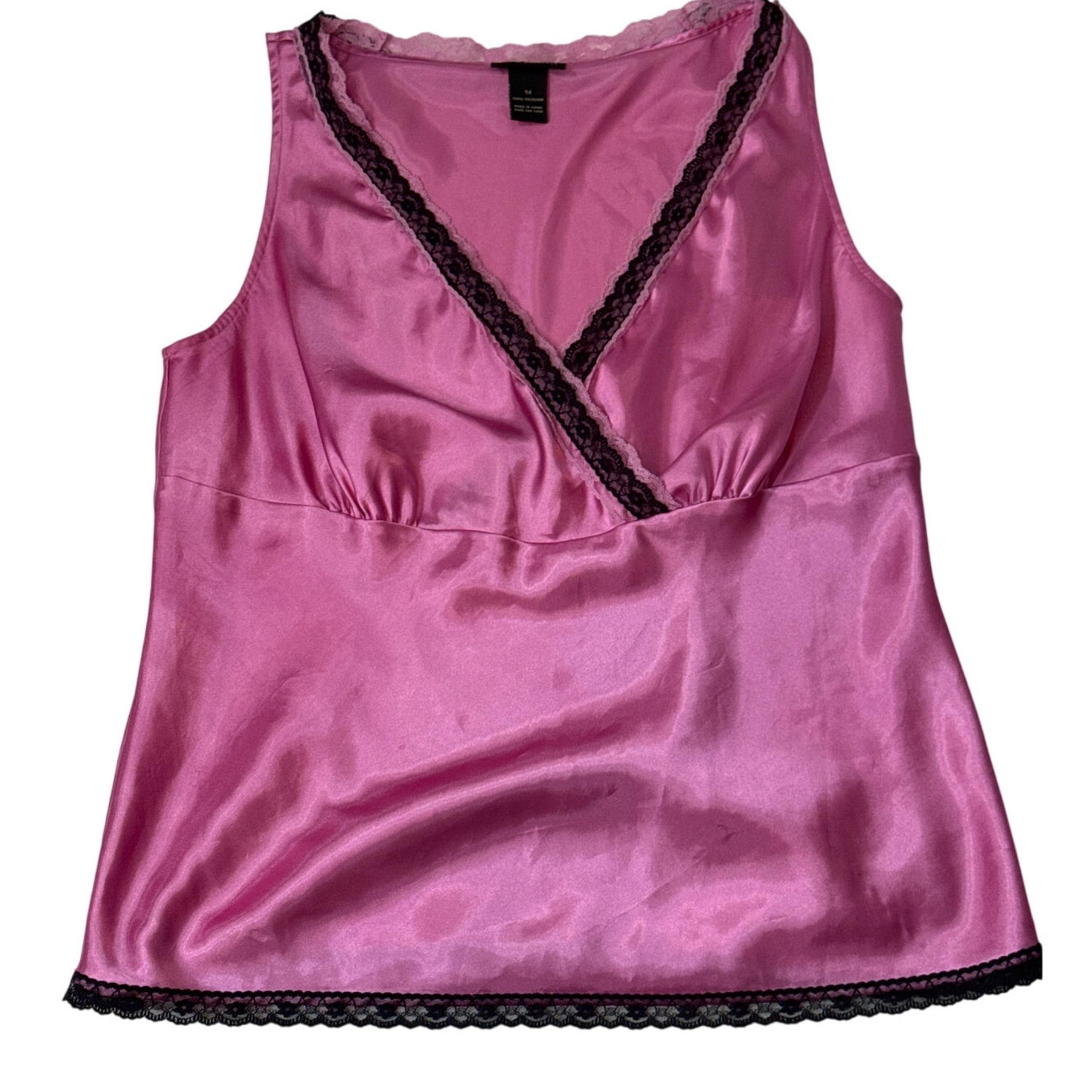 Y2K Pink Black Lace Trim Satin Cami Tank Women 14 Going Out Top Fairygoth Party