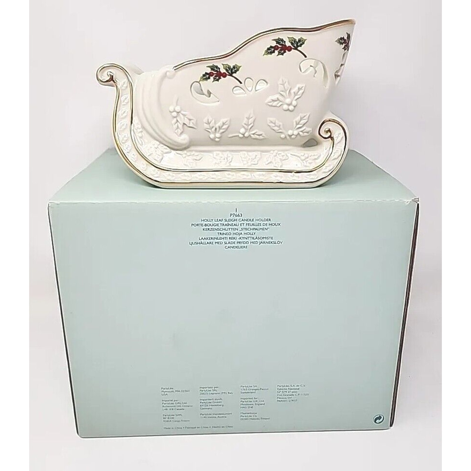 PartyLite Holly Leaf Sleigh Candle Holder With Box P8C/P7663