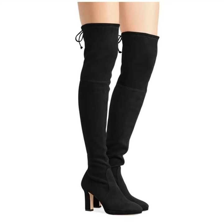 Stuart Weitzman Ledyland Black Suede Leather Tie Back Over the Knee Heeled Boots
