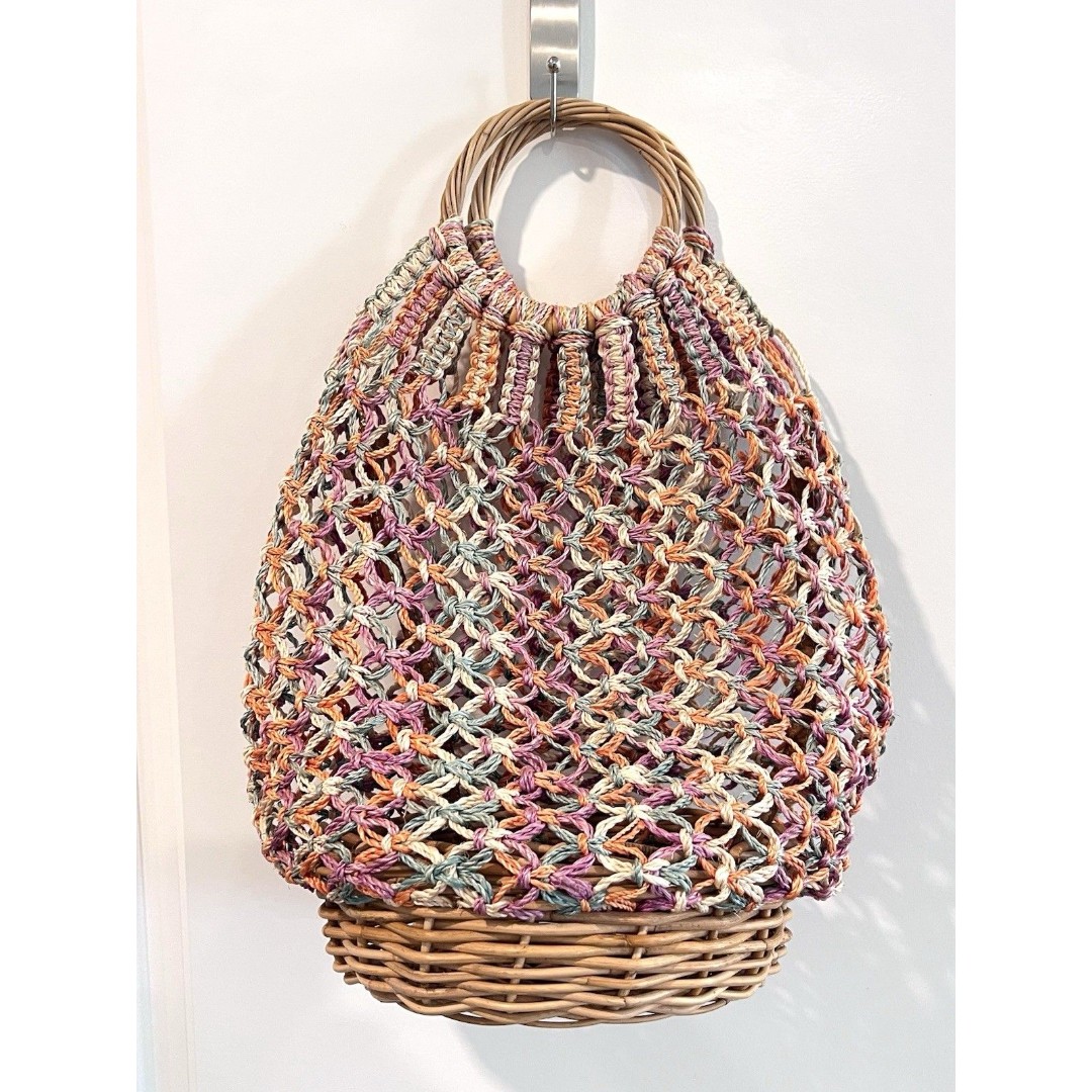 Serpui Natural Lara Basket Bucket Bag Crossbody Top Handle Woven Straw 299