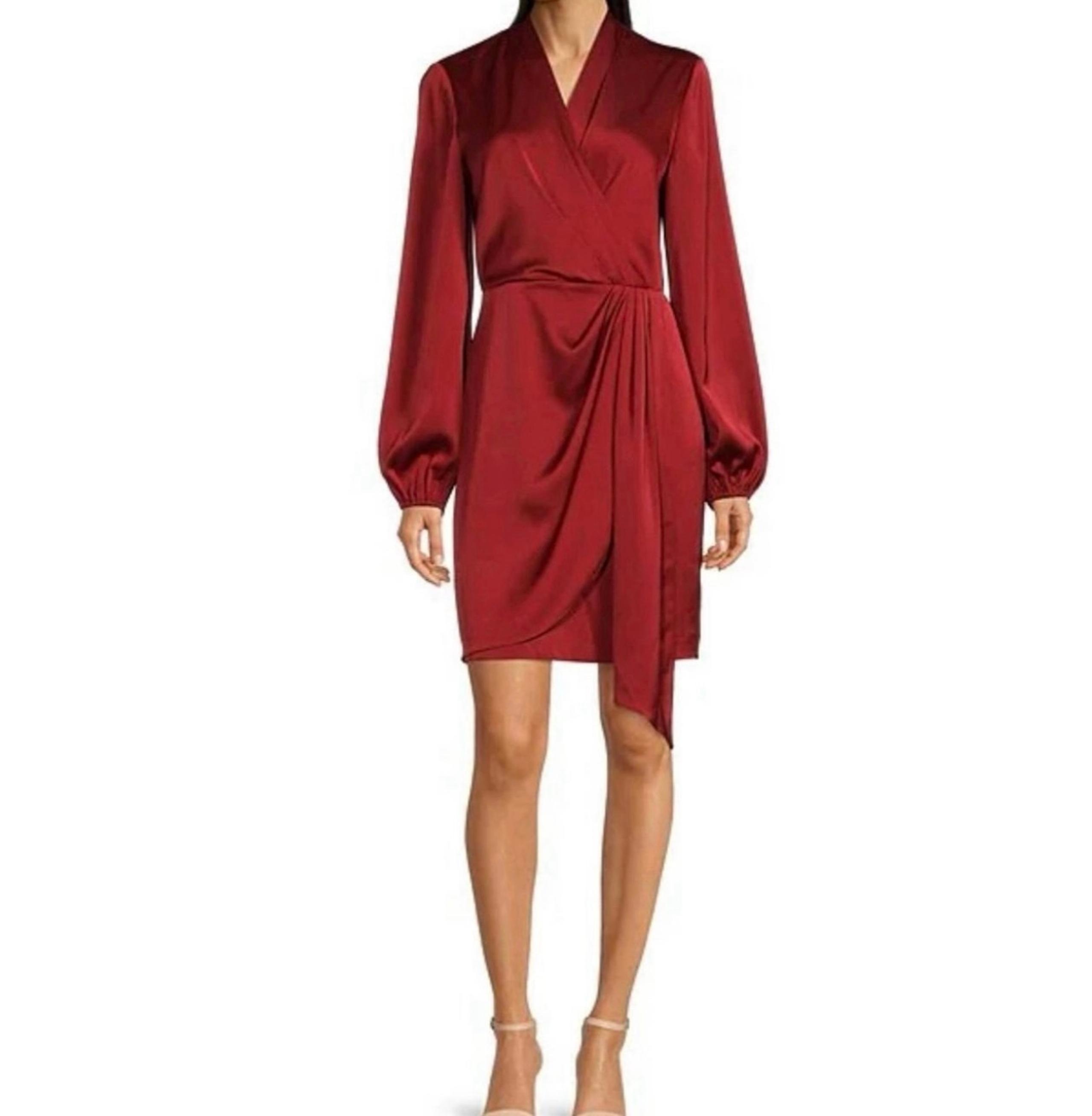 Red Long Sleeve Satin Surplice V-Neck Front Drape Alex Marie Mini Dress