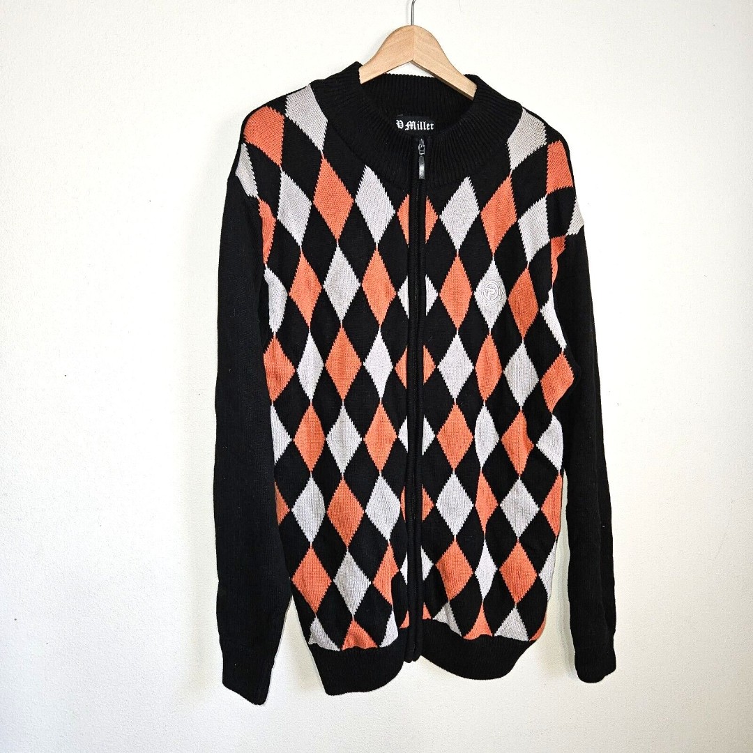 P Miller Cardigan Men Large Orange Argyle Pattern Cotton Full Zip Logo