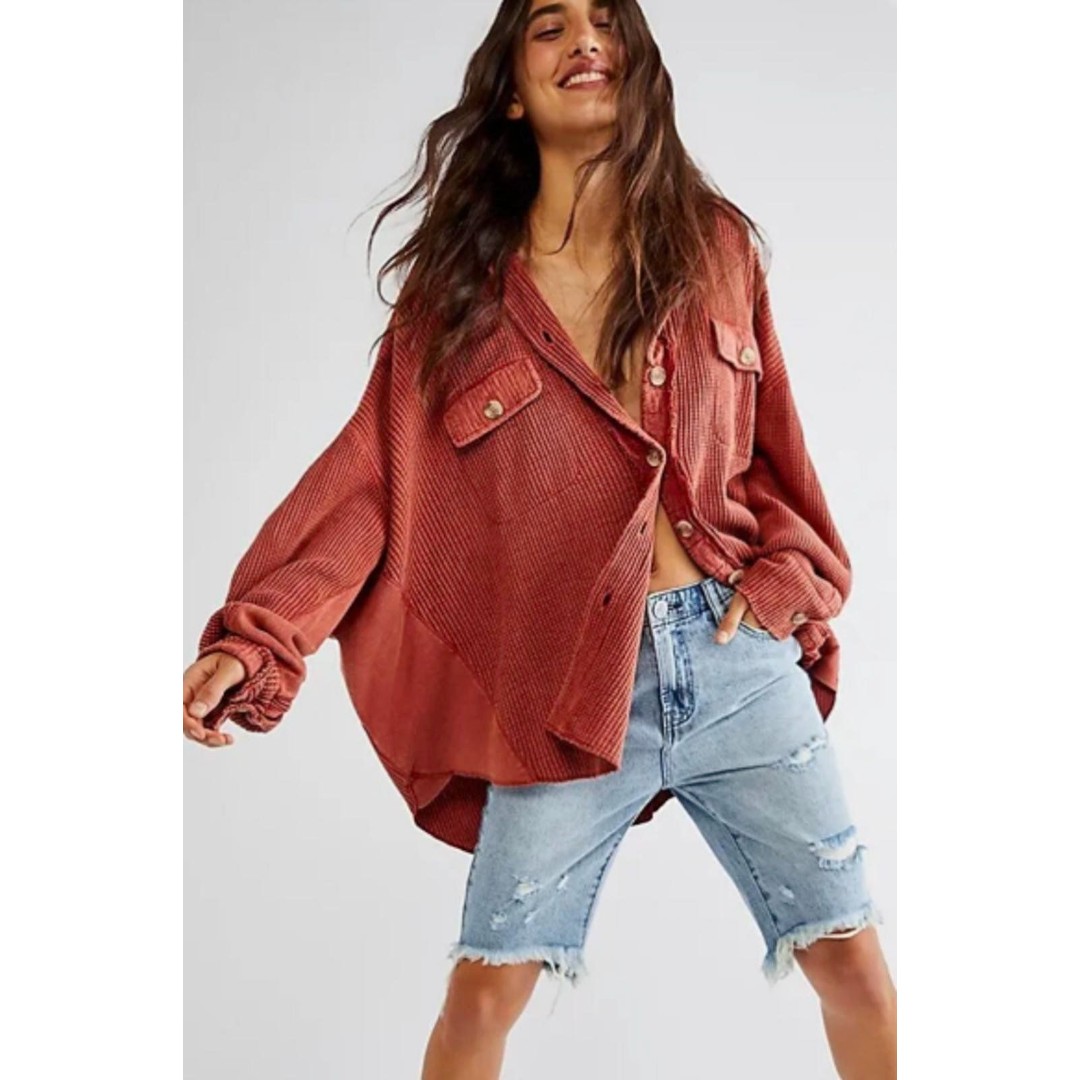 Free People One 100% Cotton Scout Waffle Shacket - Size - Medium