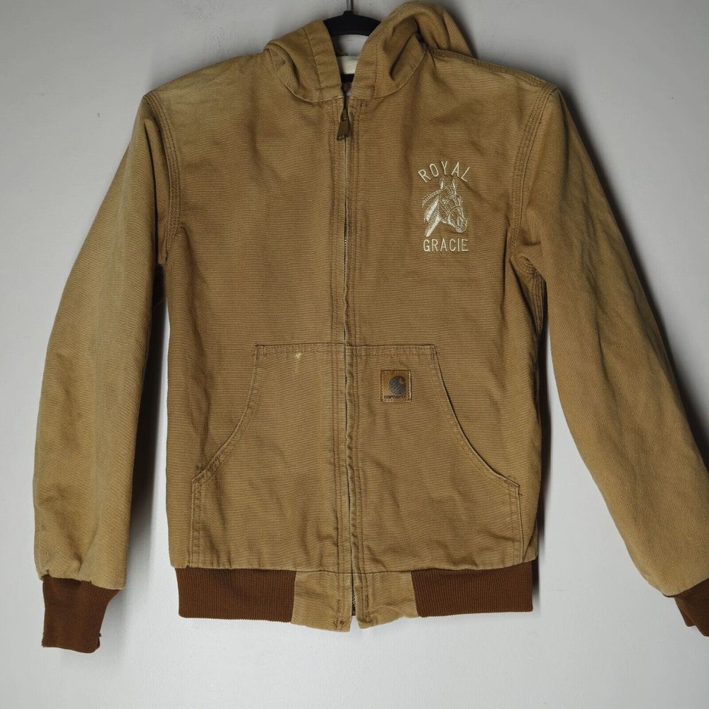 Carhartt Jacket Youth Boys Size Large 10-12 Duck Canvas Lined Hooded Embroidered
