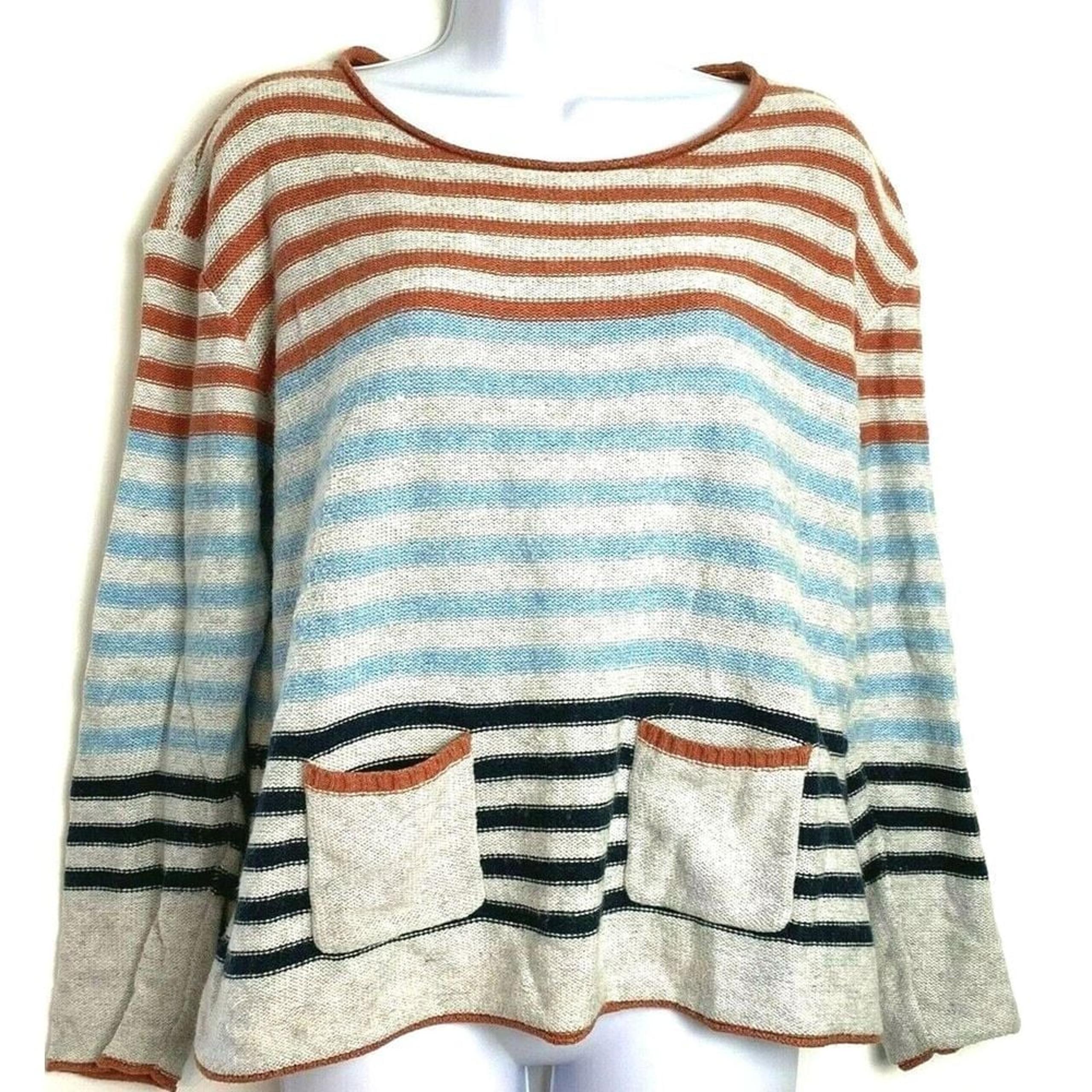 Mistral Womens Striped Mini Pockets Sweater Size 12 Oversized Pullover Gray