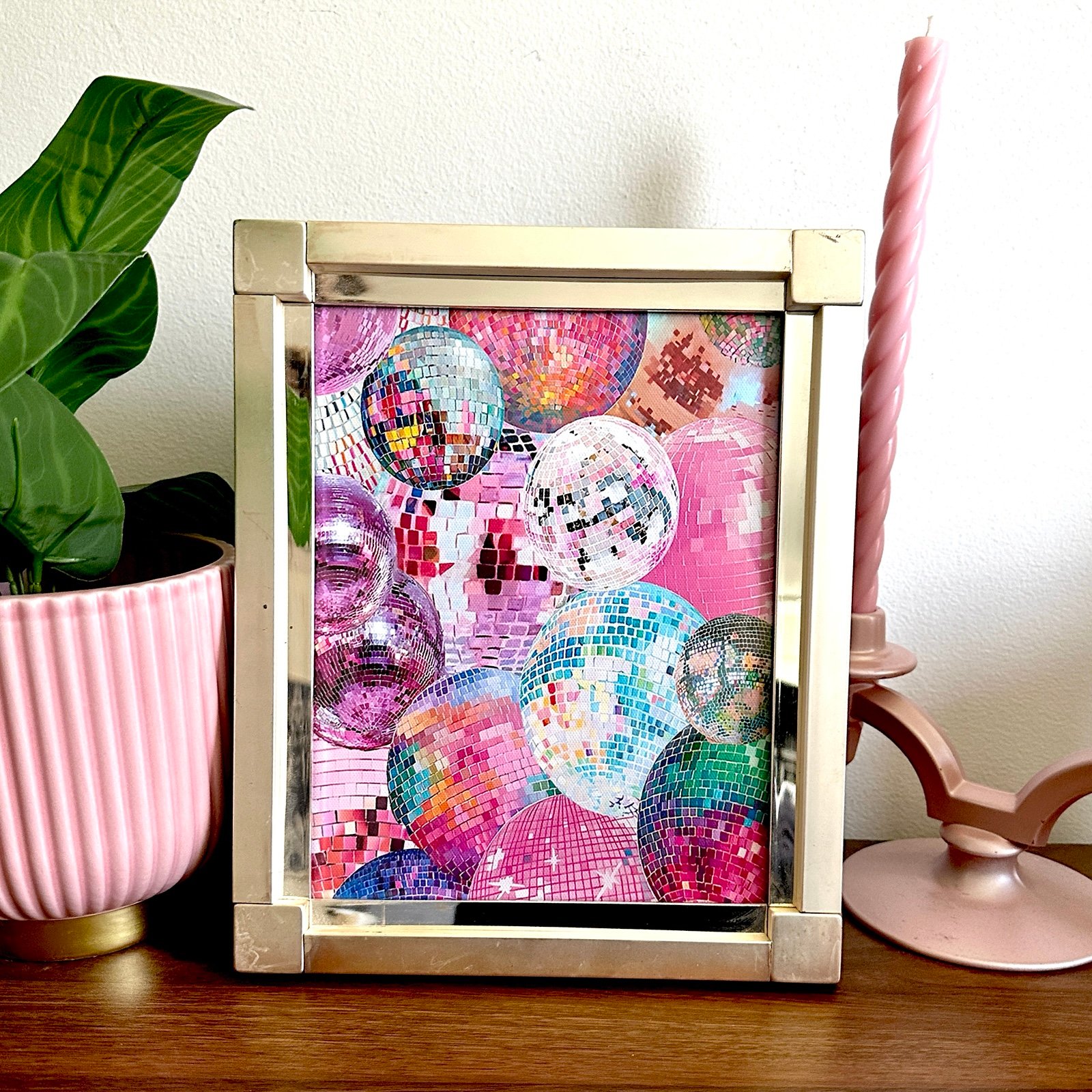 Disco Ball Mirror Ball Colorful Canvas Art Print Vintage Silver Tone Frame 70’s