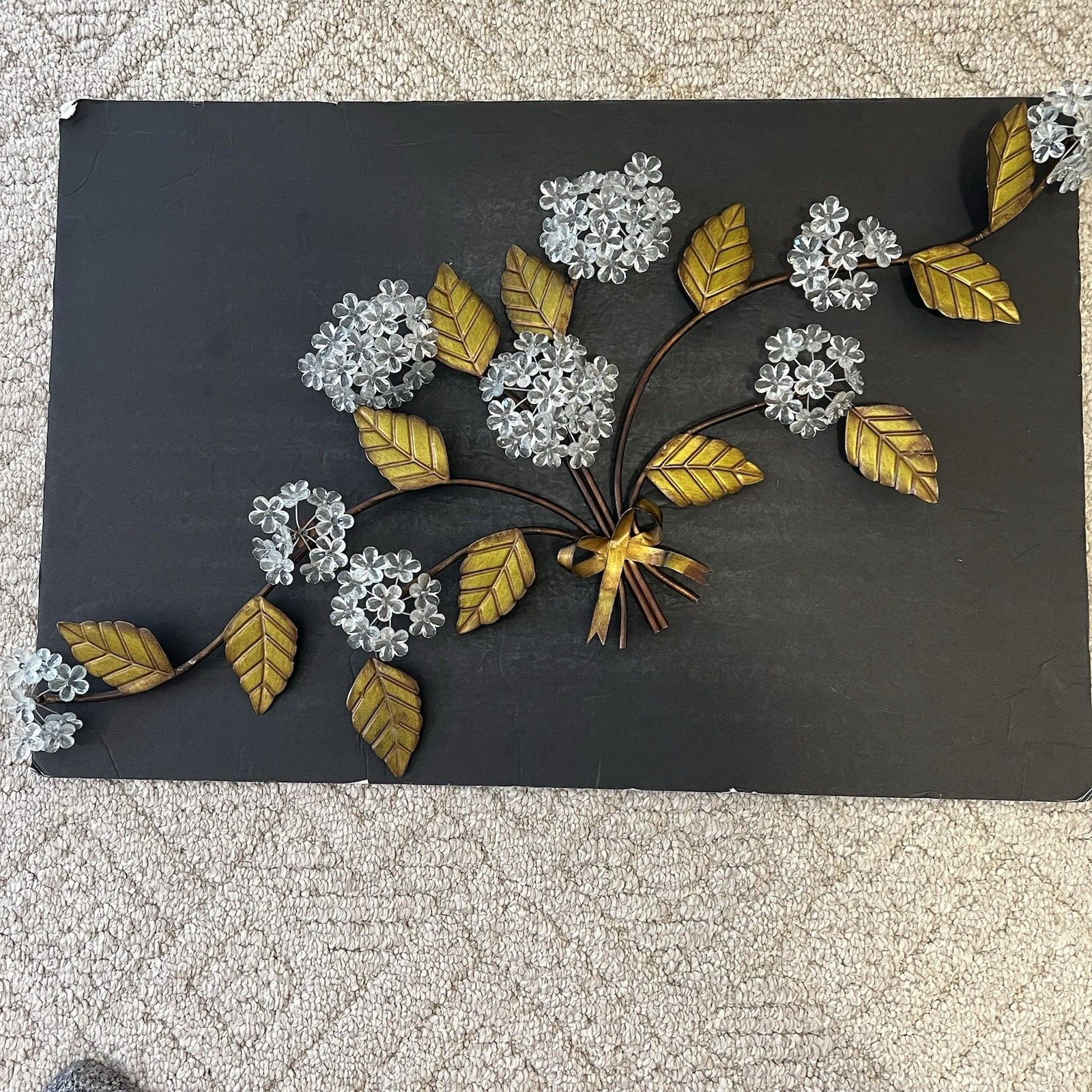 Hydrangea Wall Decor MCM Acrylic Clear Flowers Brass Metal Regency 36x13