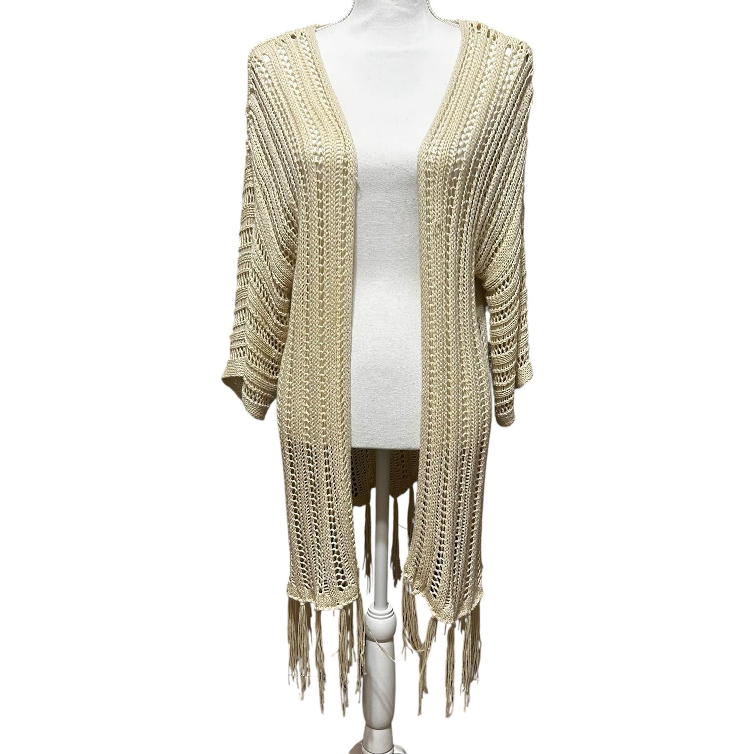 Easel Women Crochet Fringed Cardigan S/M Beige Beachy Coastal Cowgirl Festival