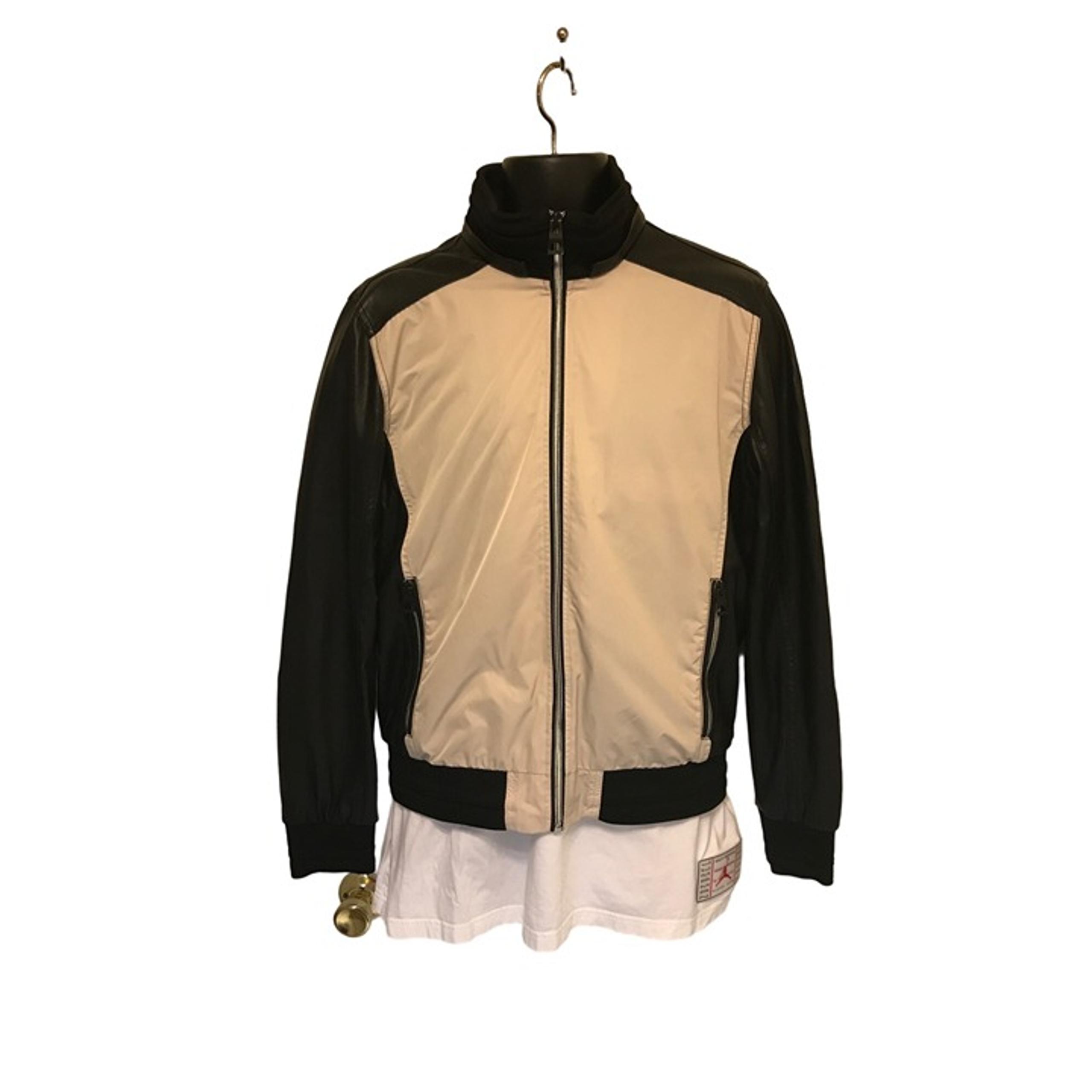 Guess Mens Black Faux Leather and Beige Polyester Full Zip Moto Jacket