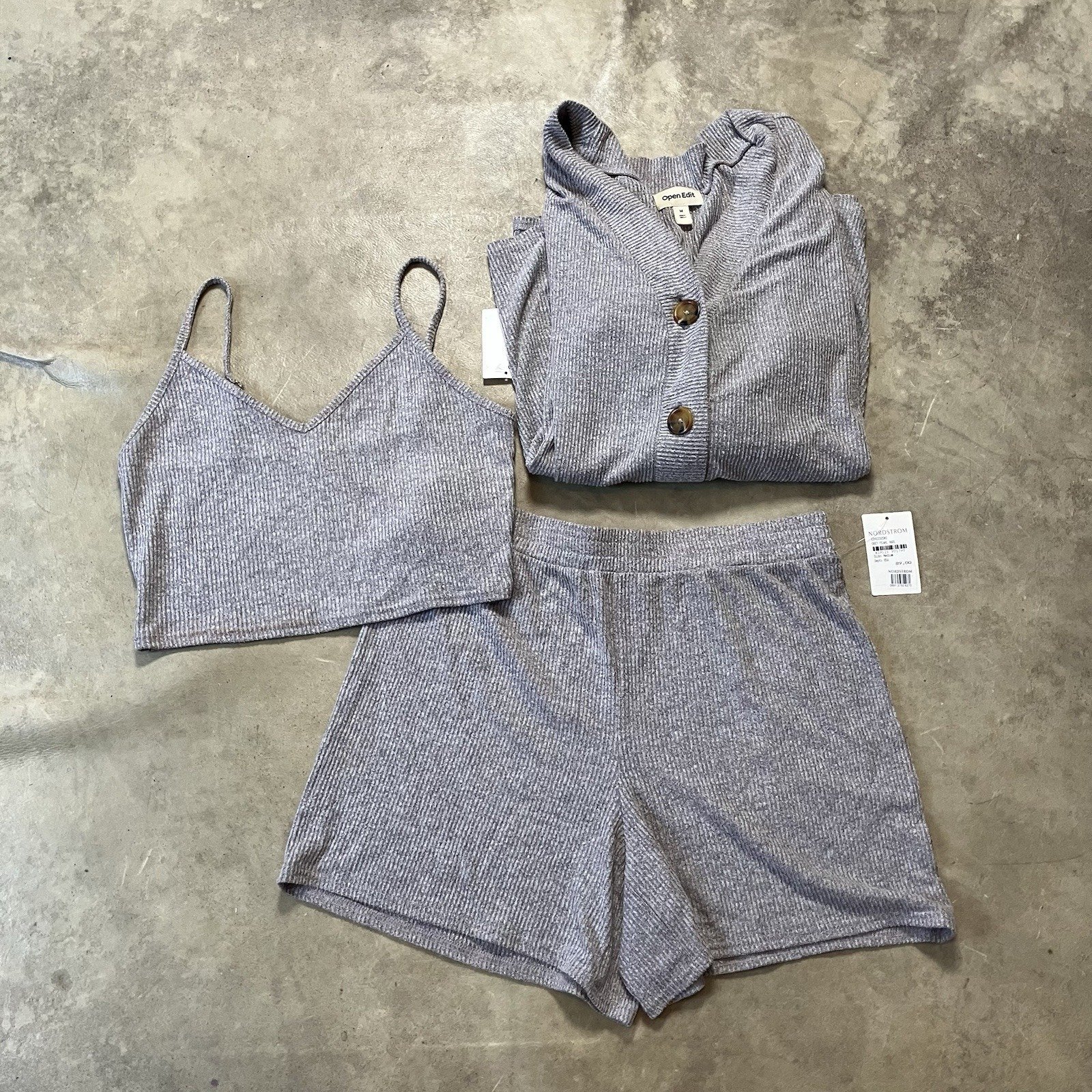 Open Edit Pajama Set 3 Piece Womens Size Medium Gray Sleepwear Lightweight