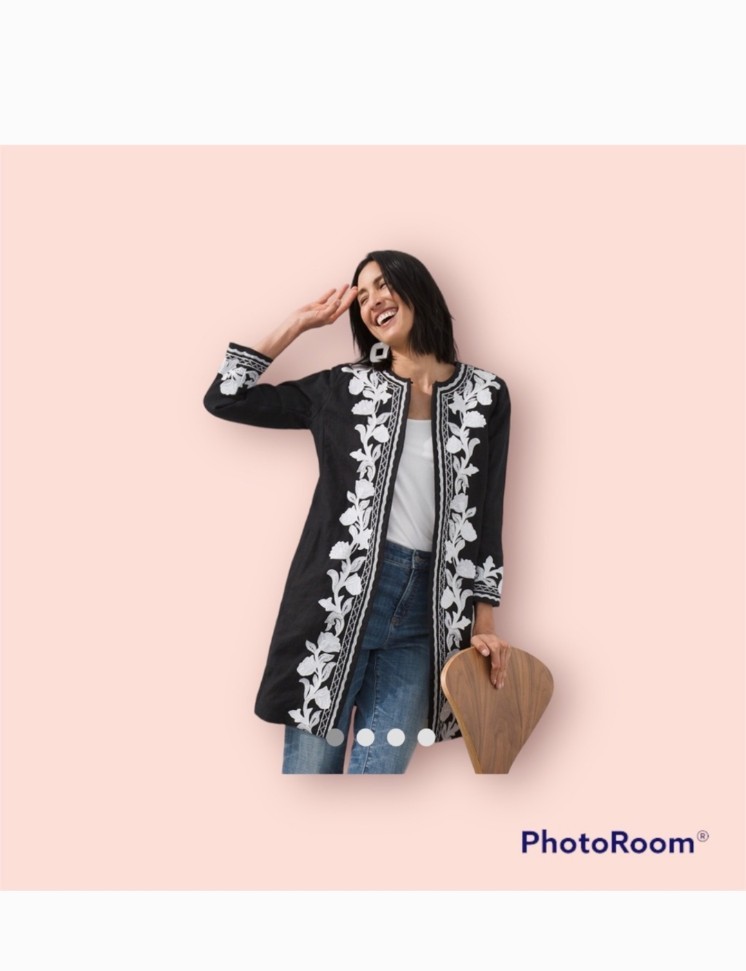 Chico’s Black 100% Linen Embroidered Kimono Jacket Sz 2 Large Cotton Lined