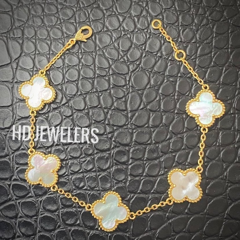 5 White Mother Of Pearl Motif Clover Gold Flower Bracelet