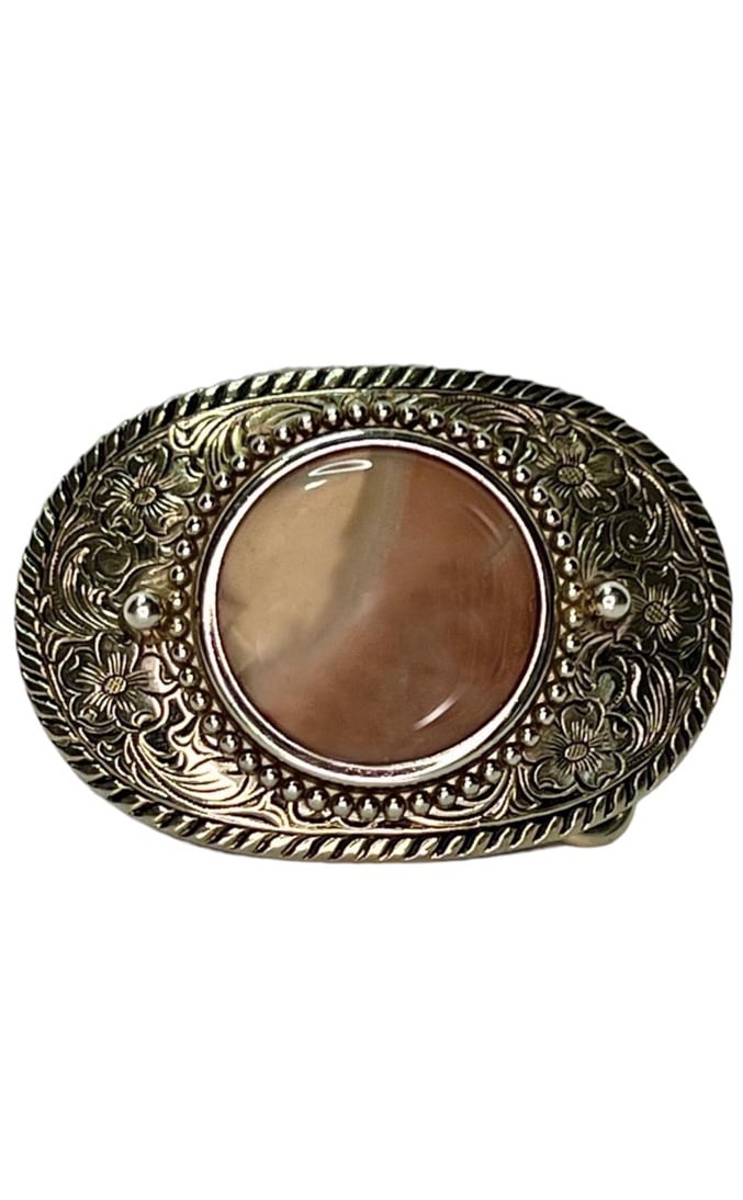 Vintage Western Stone Agate Cab Cabochon Etched Silver Gold Belt Buckle