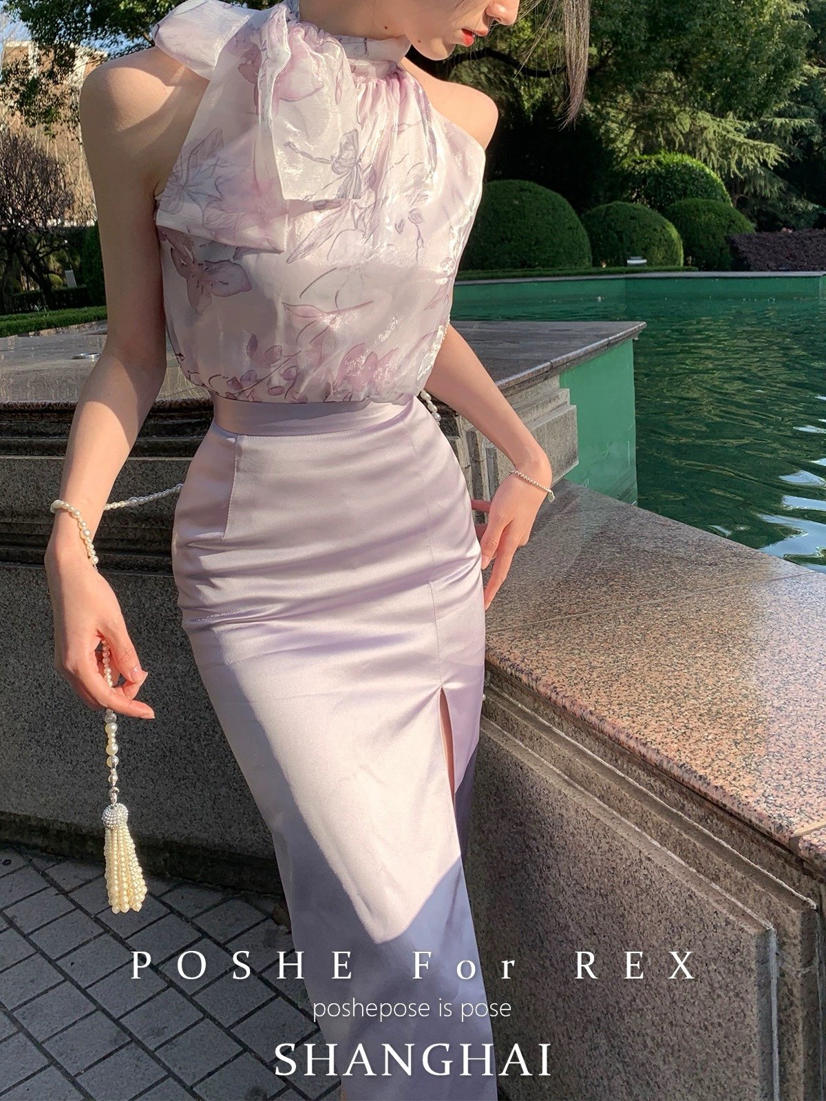 POSHEPOSE Shimmer Purple Cowneck Dress Sets Silk flower print luxury prom slit