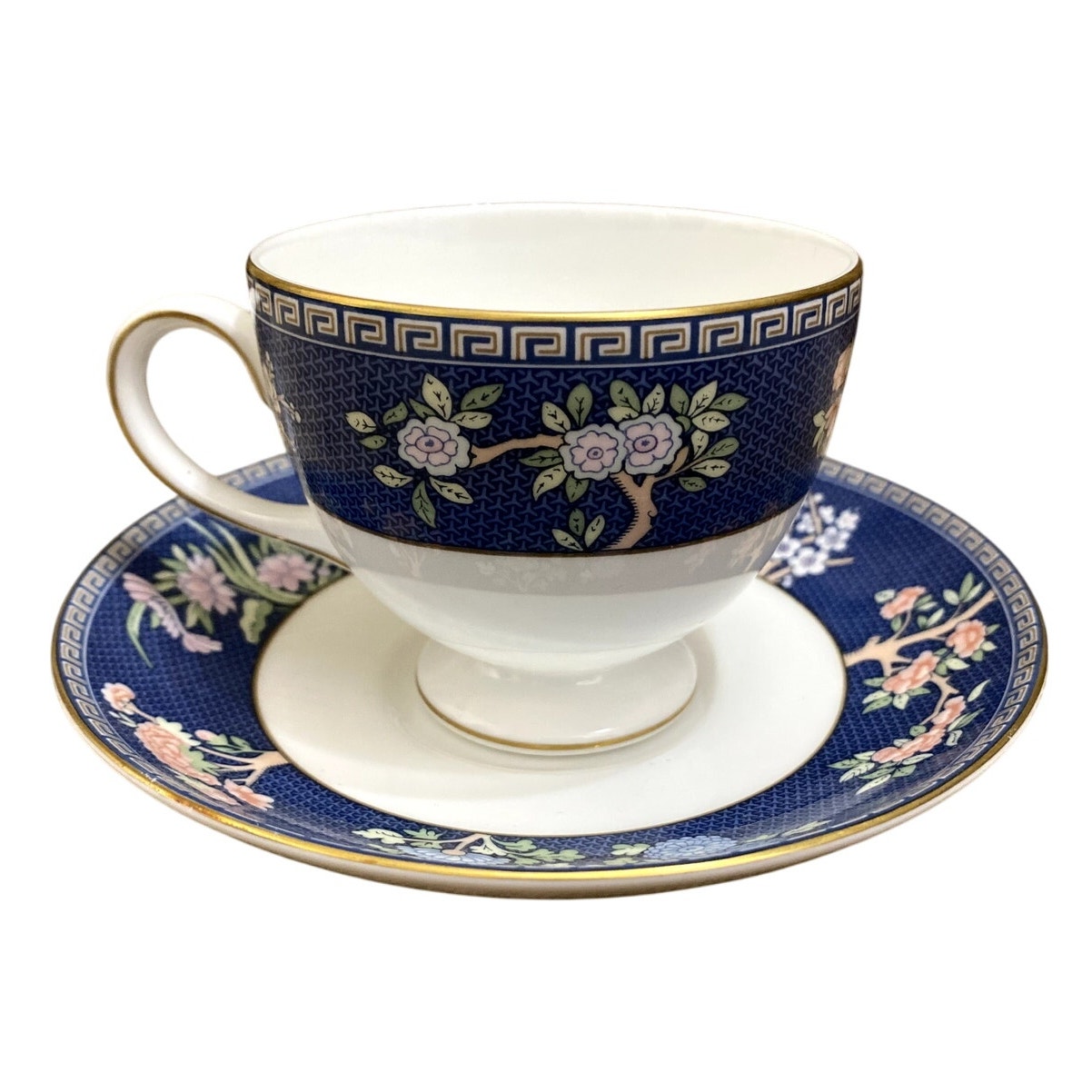 Wedgwood Blue Siam Leigh Footed Teacup & Saucer Set, England, Vtg 1990s, Floral